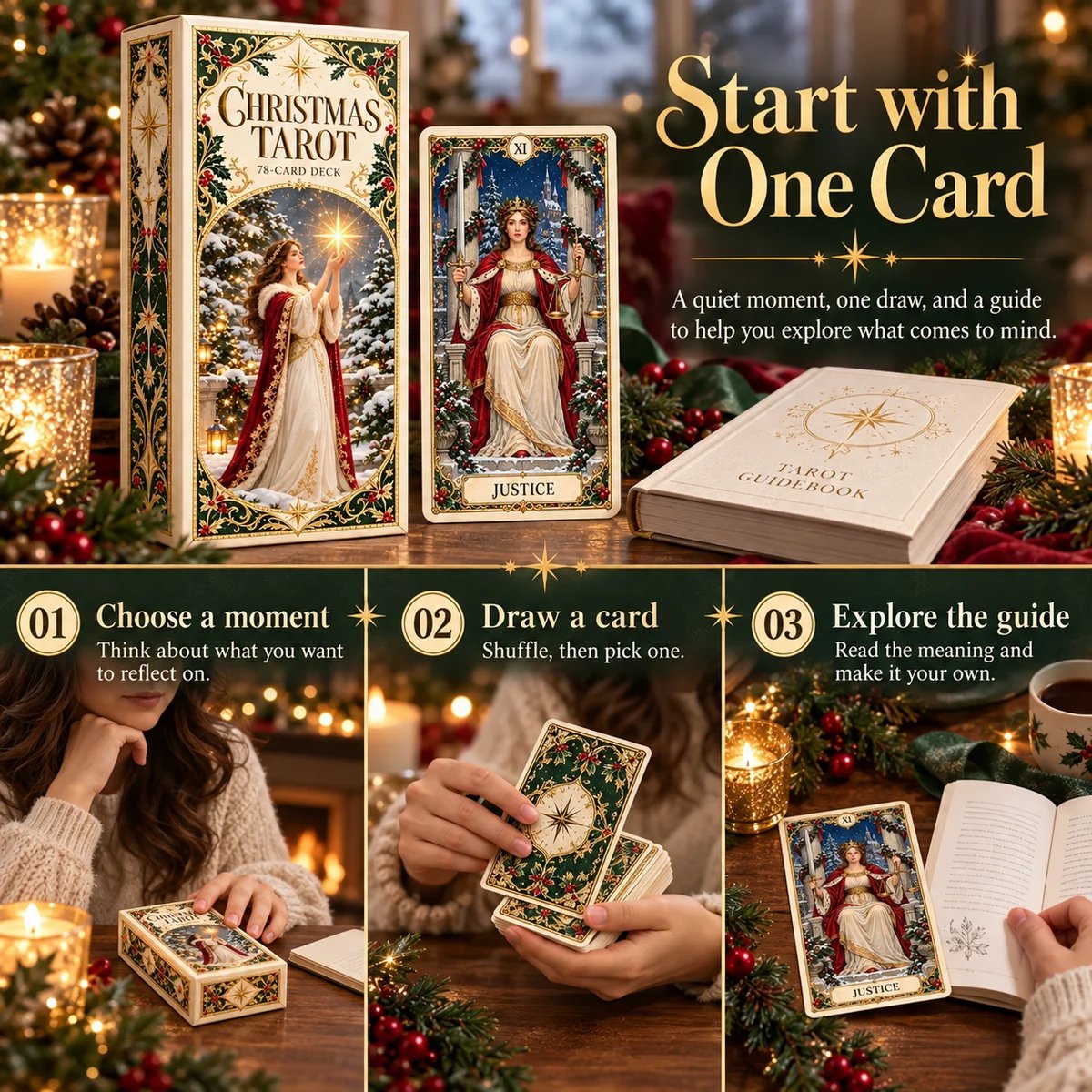 Illustrated three-step guide to choosing a moment, drawing a card, and reading its meaning