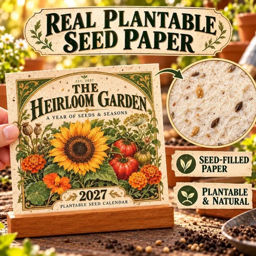 Close view of plantable seed paper used in the Heirloom Garden calendar