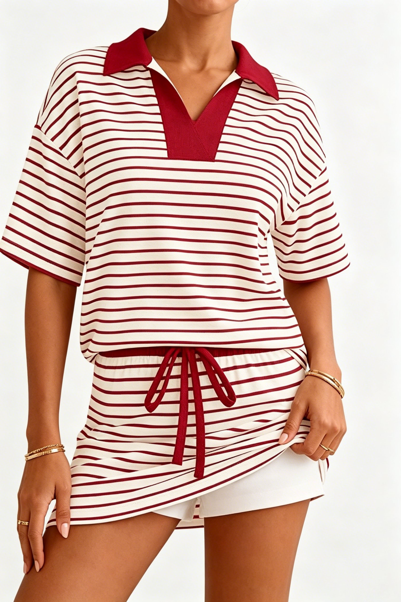 Striped Polo Top & Skort Lounge Set（Buy 2 Free Shipping）