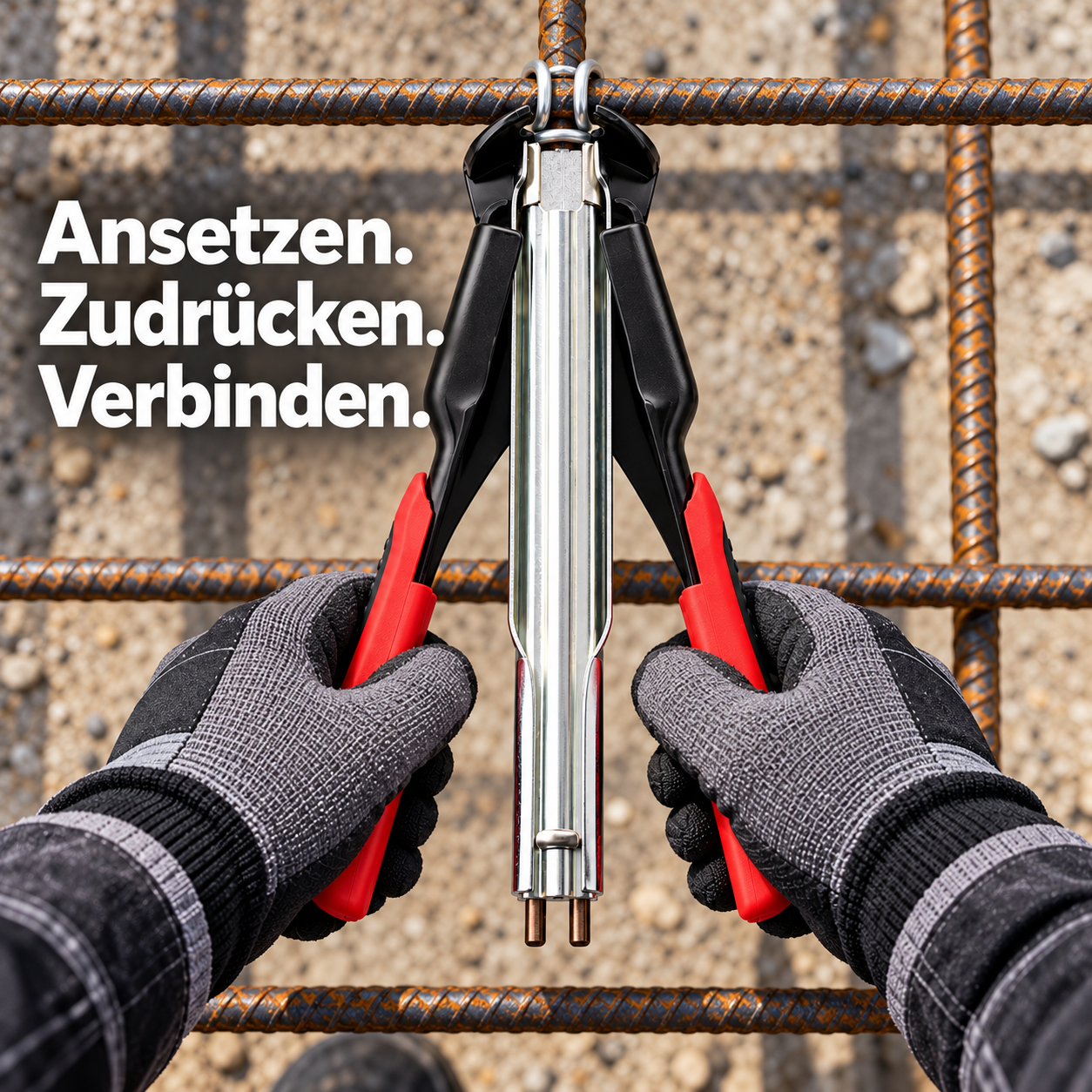 Statische Anwendungsdarstellung der C-Ringzange an einer Bewehrungskreuzung
