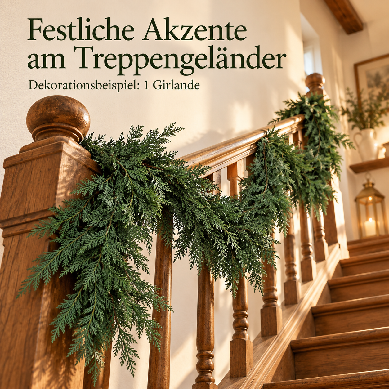 Eine Zederngirlande an einem kurzen Abschnitt eines hölzernen Treppengeländers