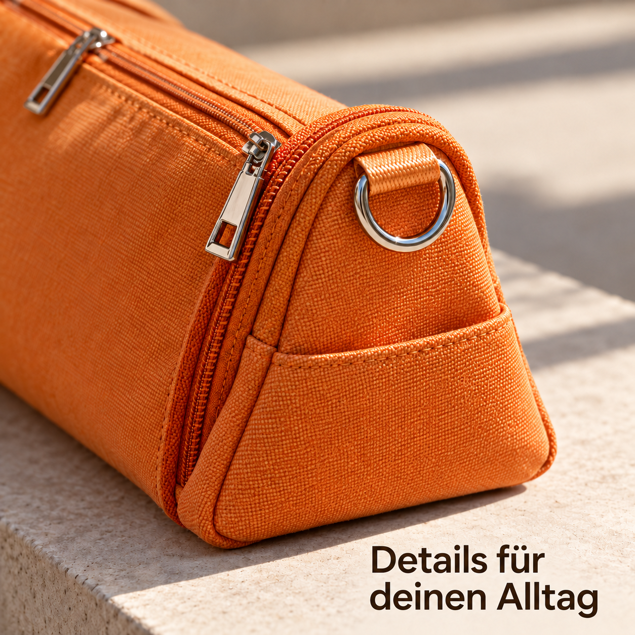 Nahansicht der Reißverschlüsse und silberfarbenen Metallteile an der orangefarbenen Tasche