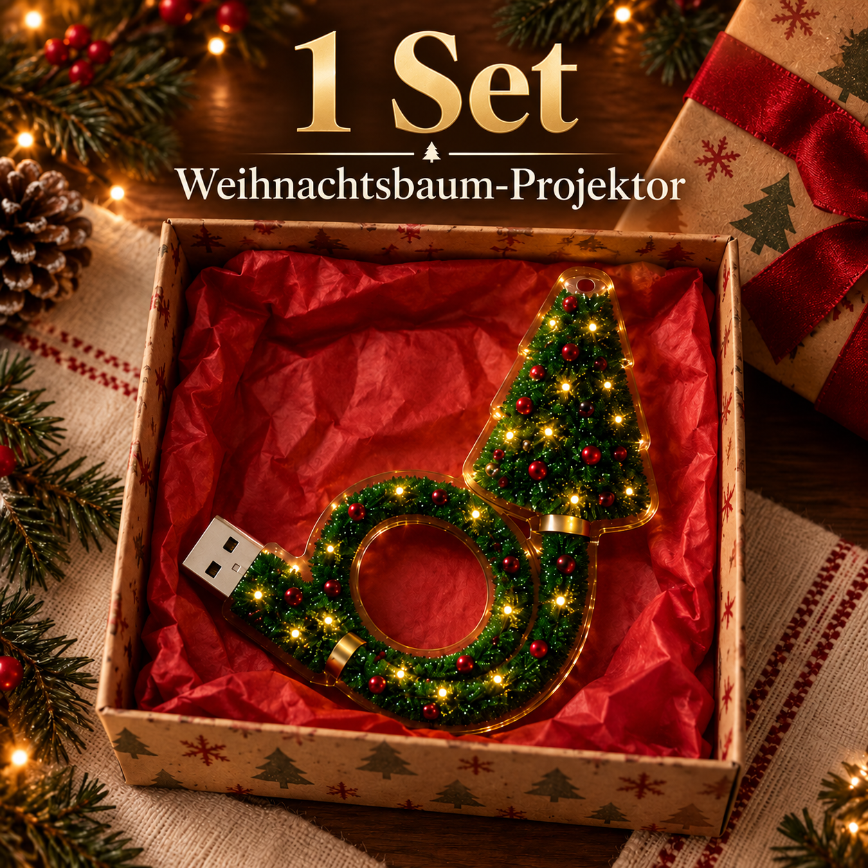 Produktansicht: USB-Weihnachtsbaum-Projektor für gemütliche Festabende