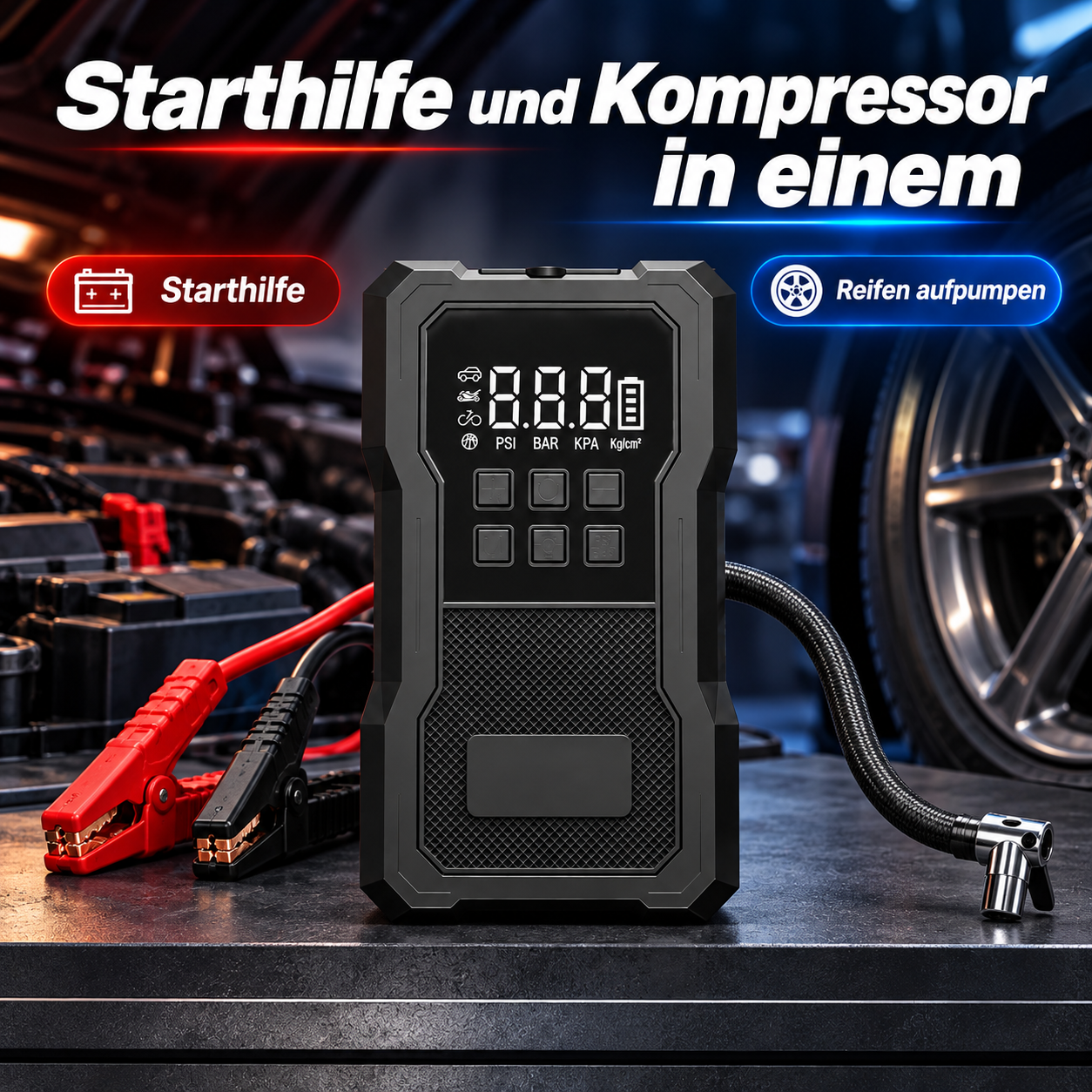 Schwarzes Kombigerät für Starthilfe und Reifenbefüllung mit Klemmen und Luftschlauch