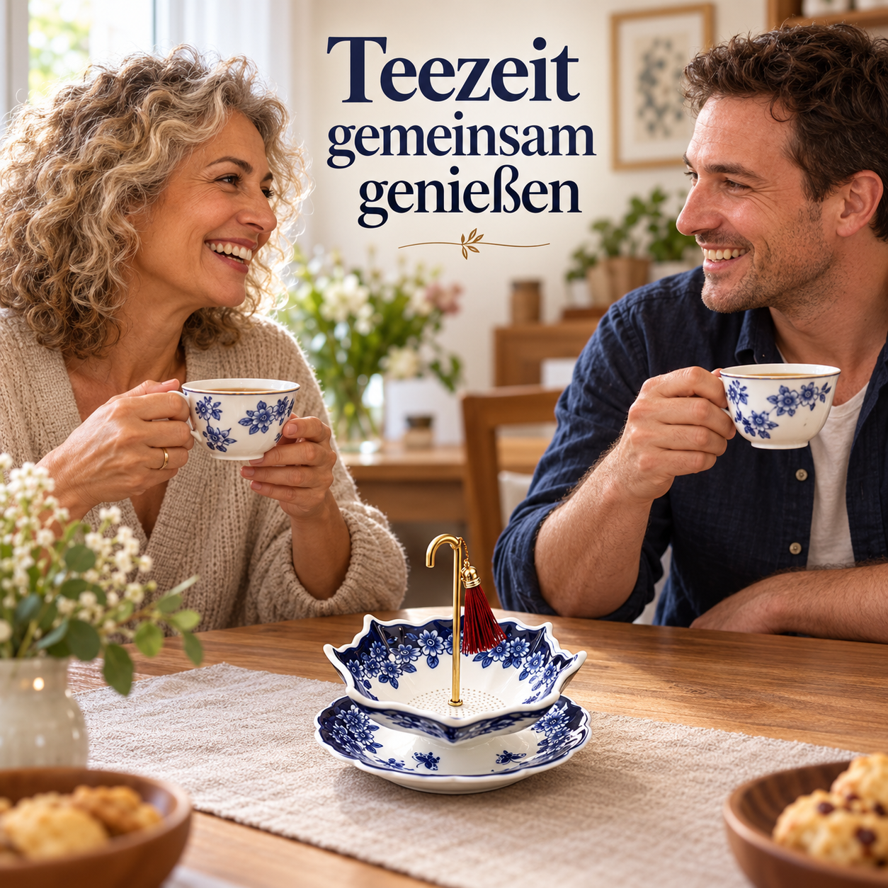 Zwei erwachsene Freunde bei der Teezeit in einer Wohnung mit dem Regenschirm-Teesieb im Vordergrund