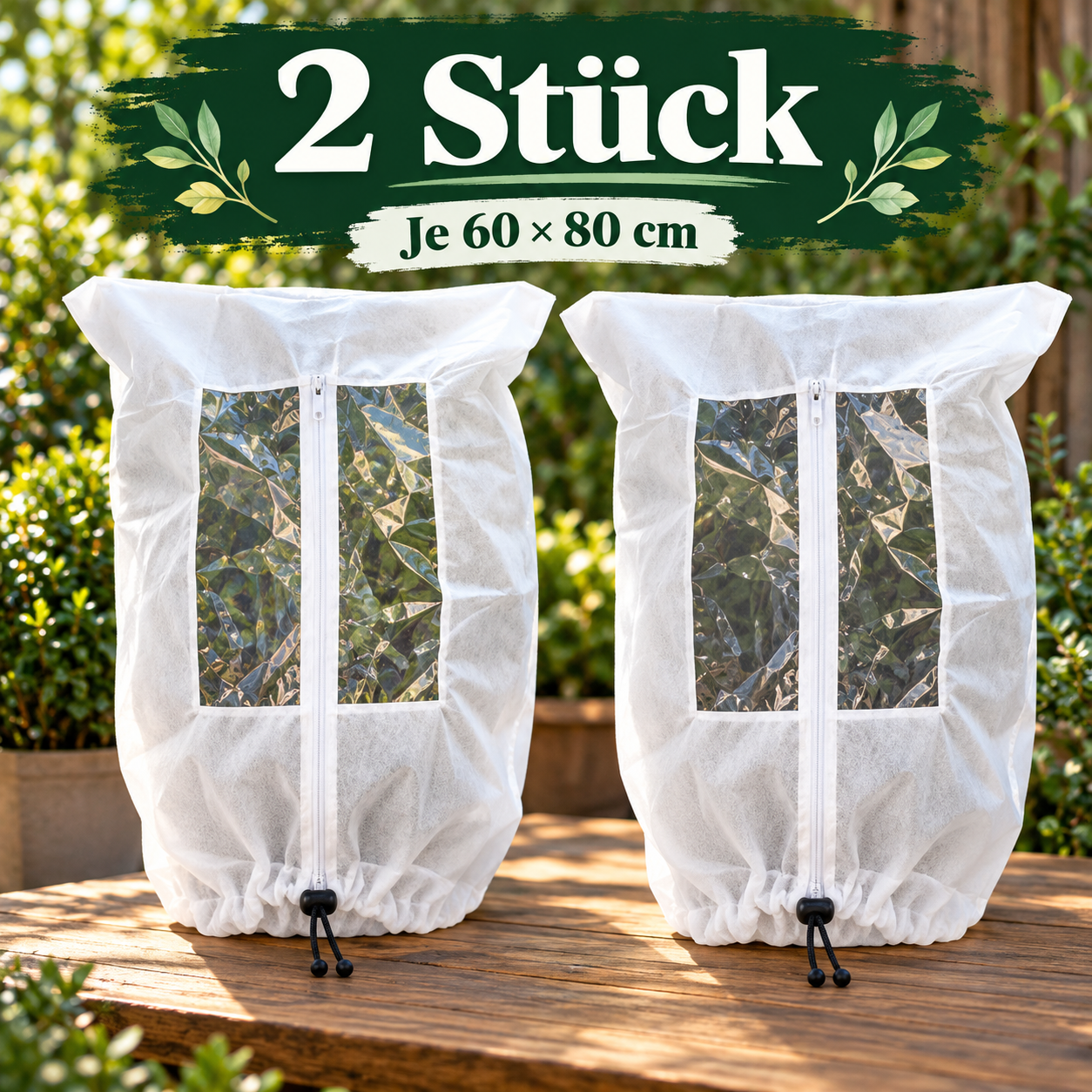 Zwei weiße Frostschutzhauben mit Sichtfenster