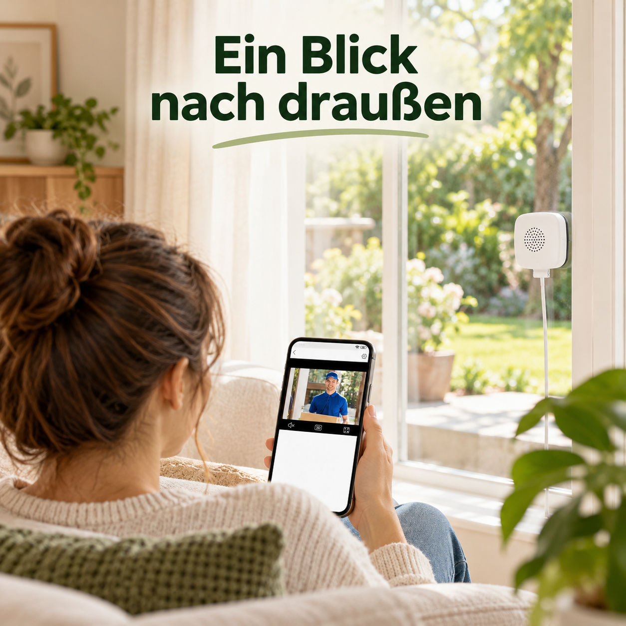 Kamera innen am Fenster und Person mit Smartphone im Wohnzimmer
