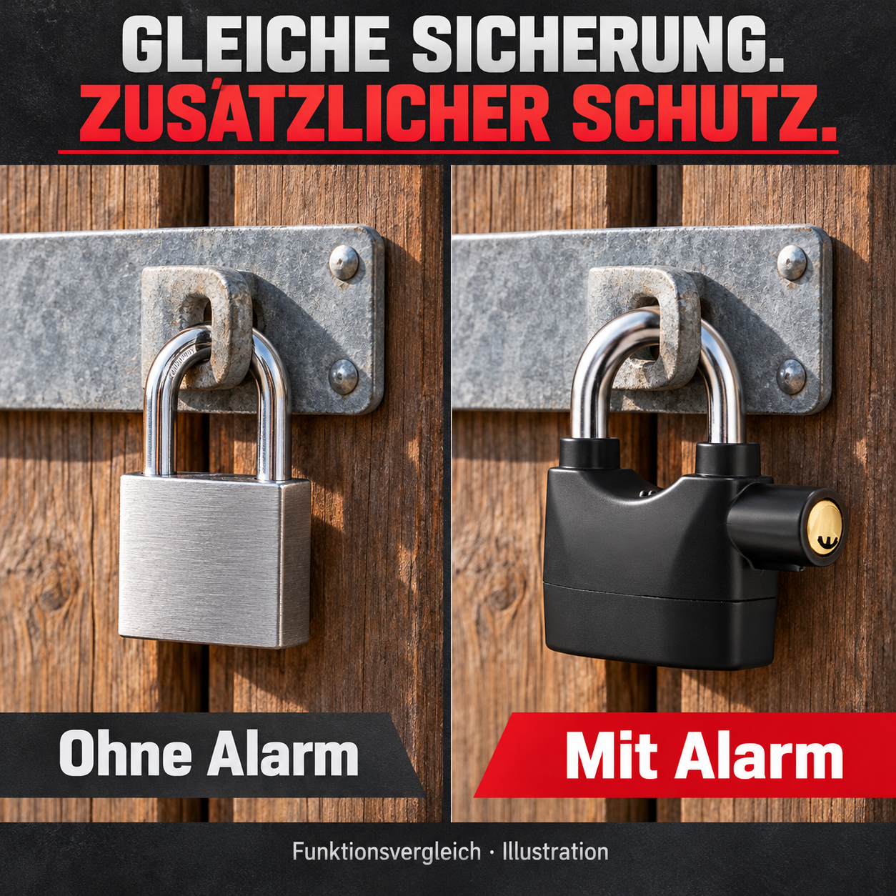 Funktionsvergleich am selben Tor: gewöhnliches Schloss ohne Alarm und Alarm-Vorhängeschloss mit Warnfunktion