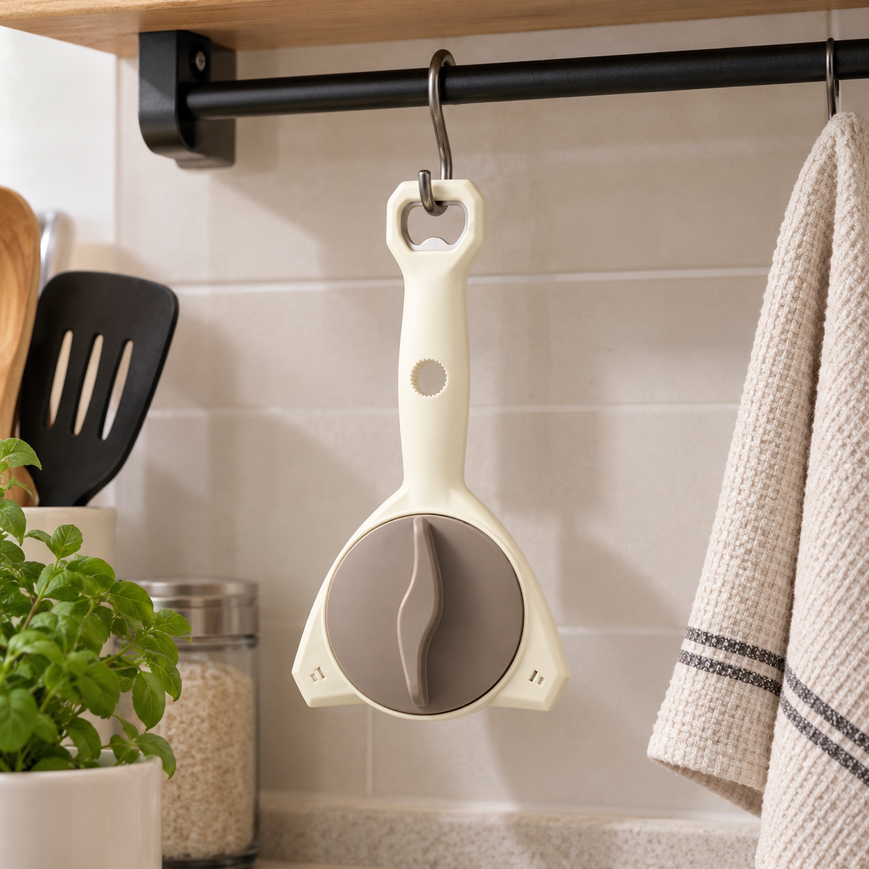One opener hanging by its tail opening in a home kitchen