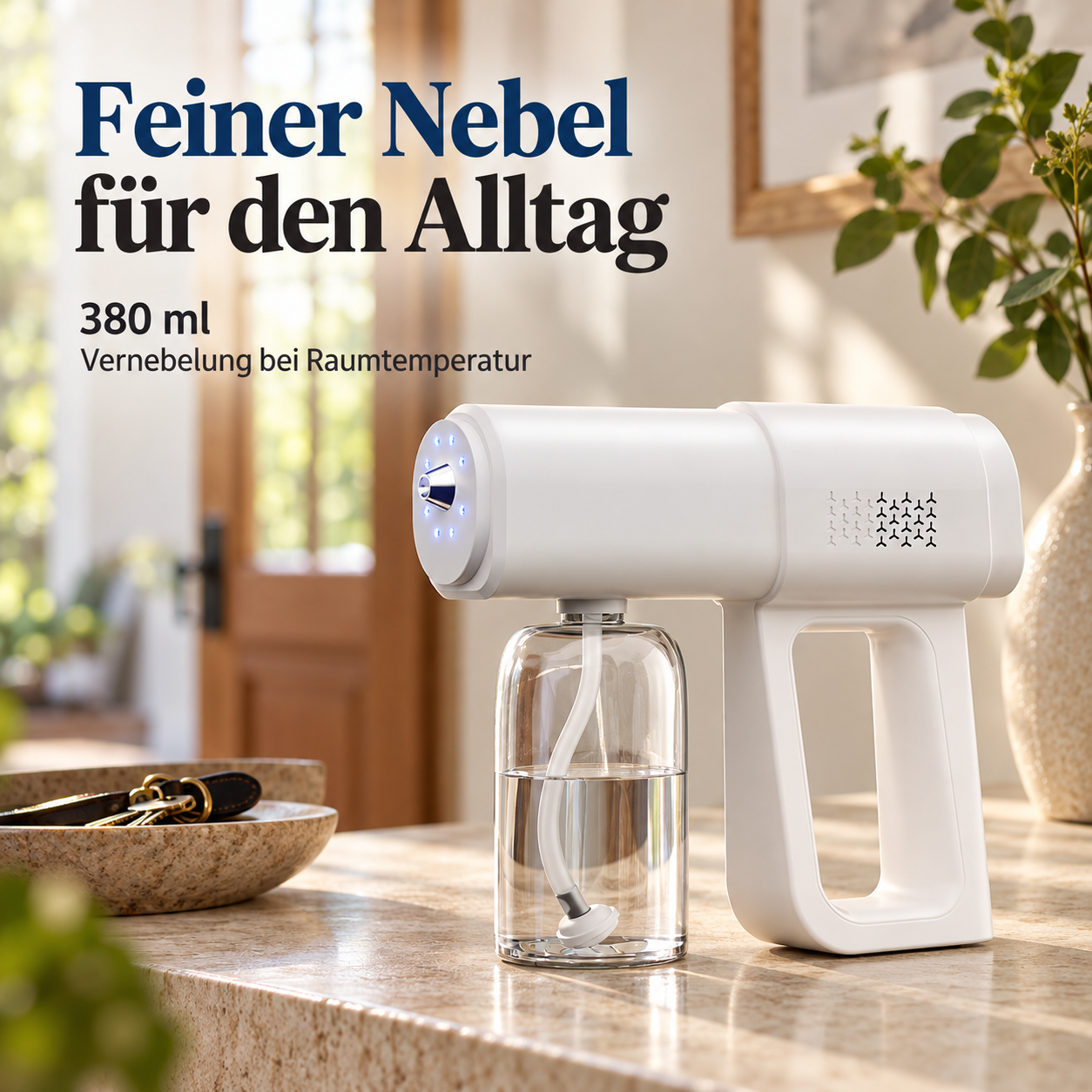 Weißes Feinsprühgerät mit transparentem 380-ml-Behälter auf einer Konsole