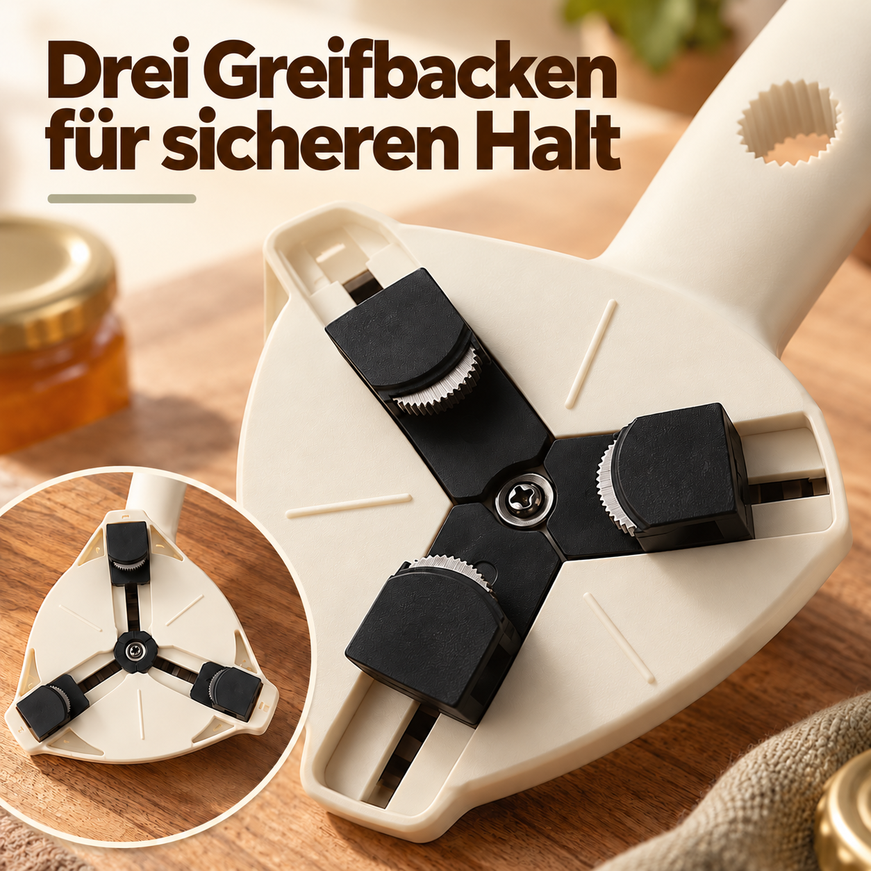 Unterseite mit drei Greifbacken und gezahnten Greifkanten aus Edelstahl