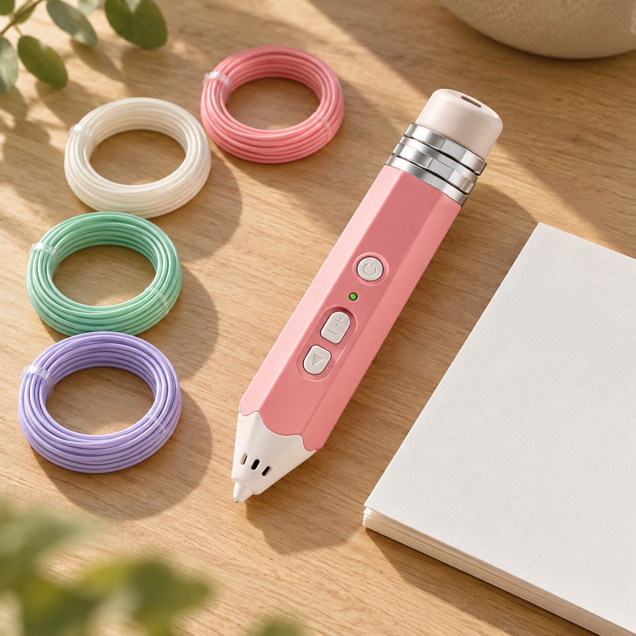 Stift, vier Materialrollen und Vorlagenheft als Teil des Sets.