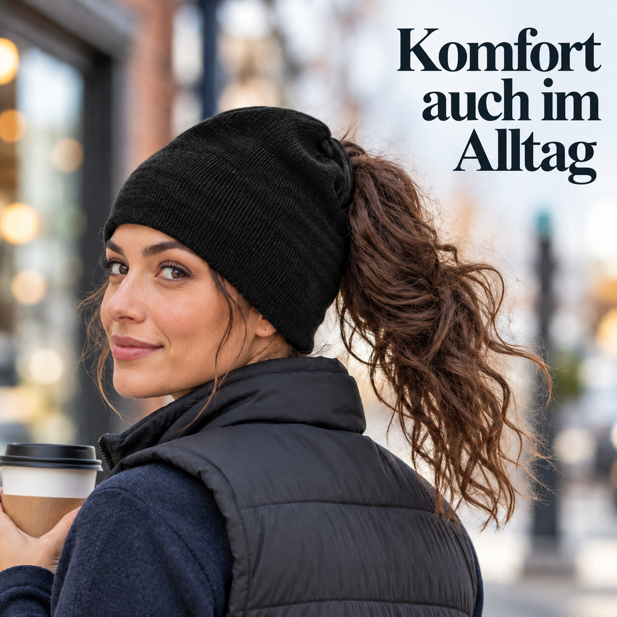 Beanie mit Zopföffnung für angenehmen Komfort im Freien – Produktansicht