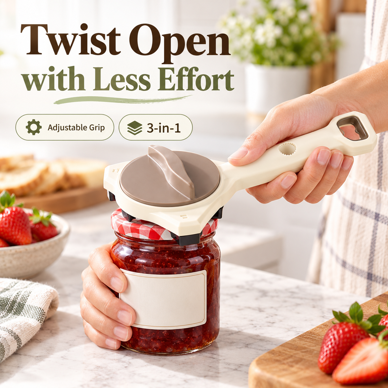 Twist open a jam jar with the adjustable opener