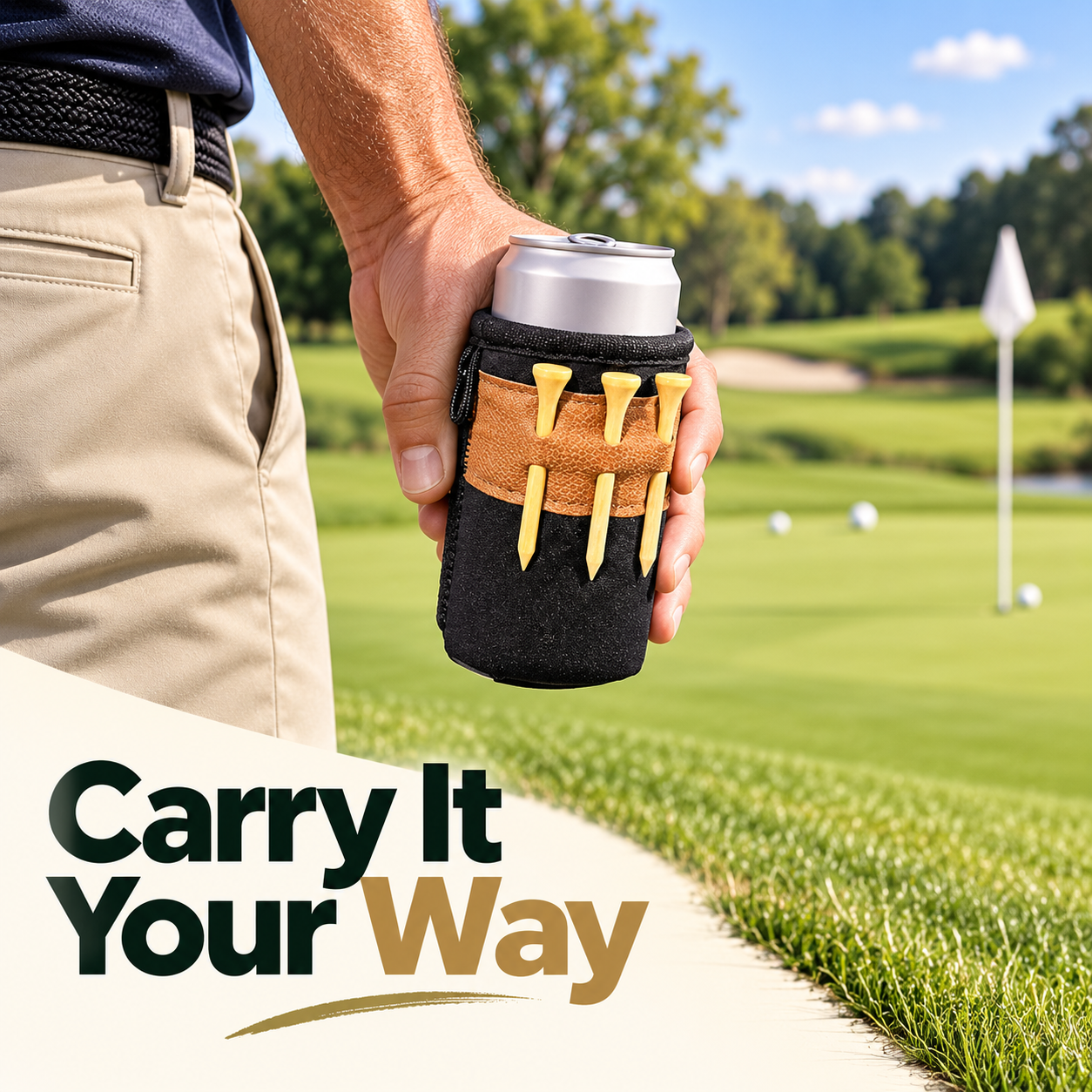 Hand carrying the golf drink holder beside a practice green