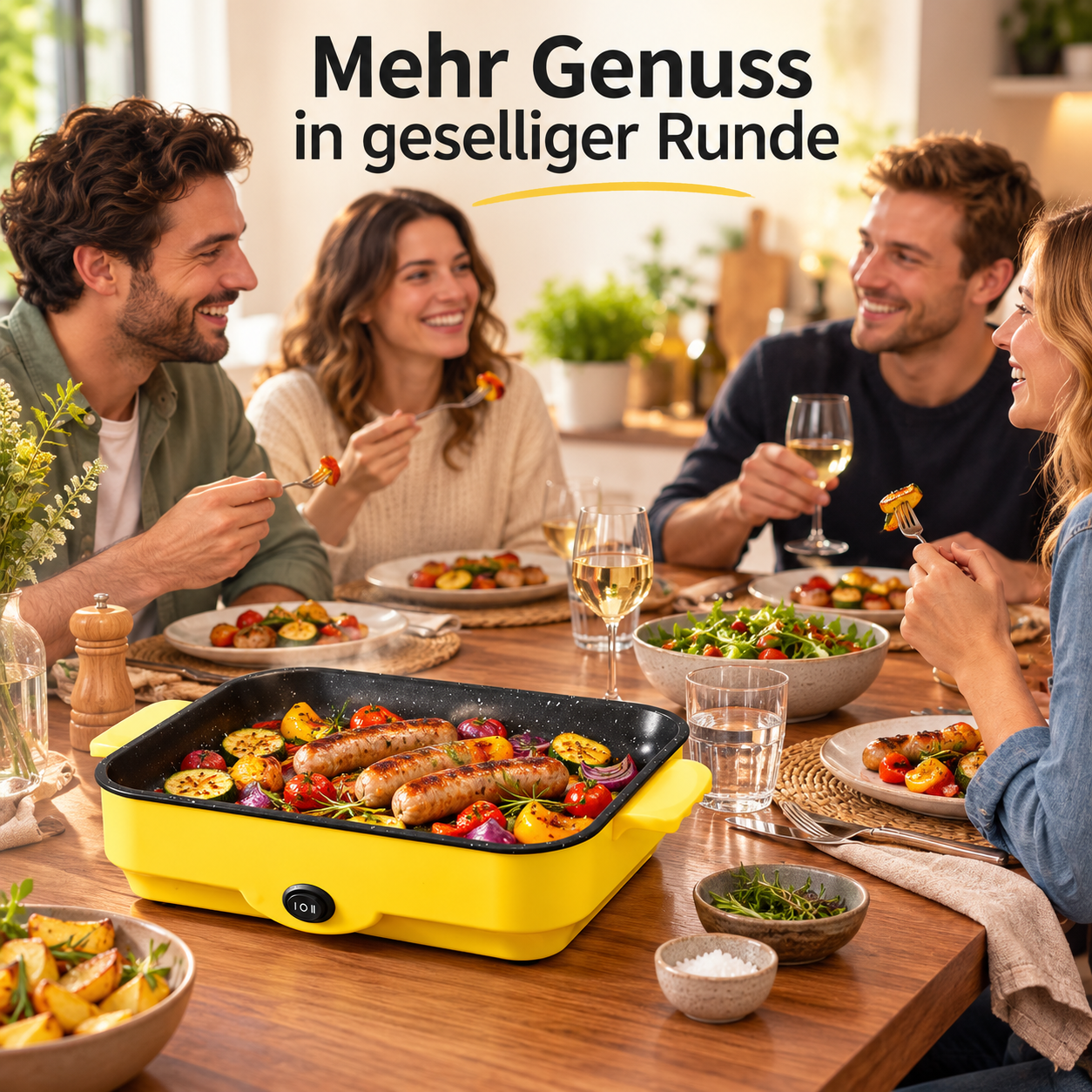 Gelber Indoor-Grill mit W&uuml;rstchen und Gem&uuml;se bei einem gemeinsamen Essen zu viert