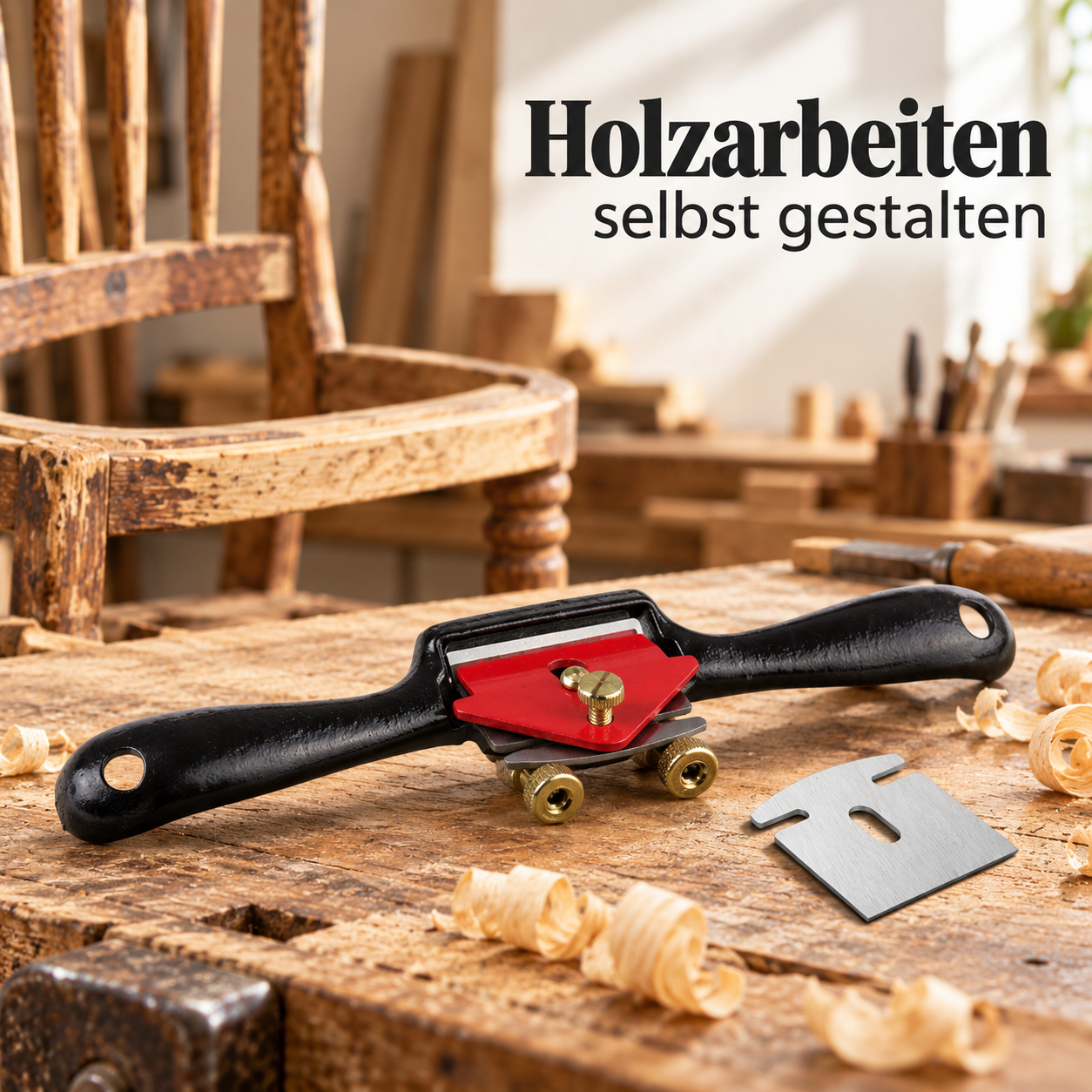 Schwarzer Handhobel mit roter Klingenhalterung und einzelner silberner Wechselklinge