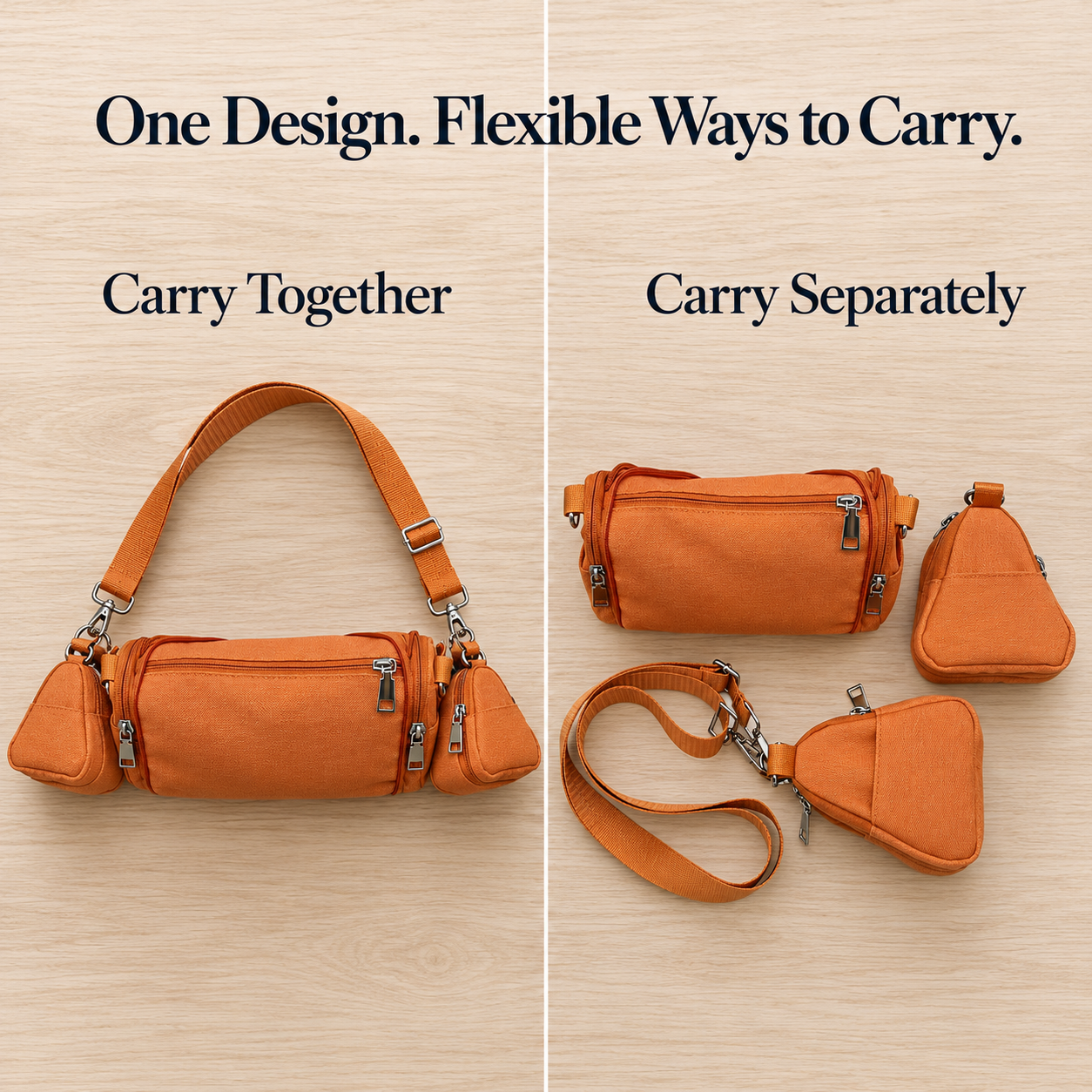 Same orange modular bag shown assembled and separated for independent pouch carry