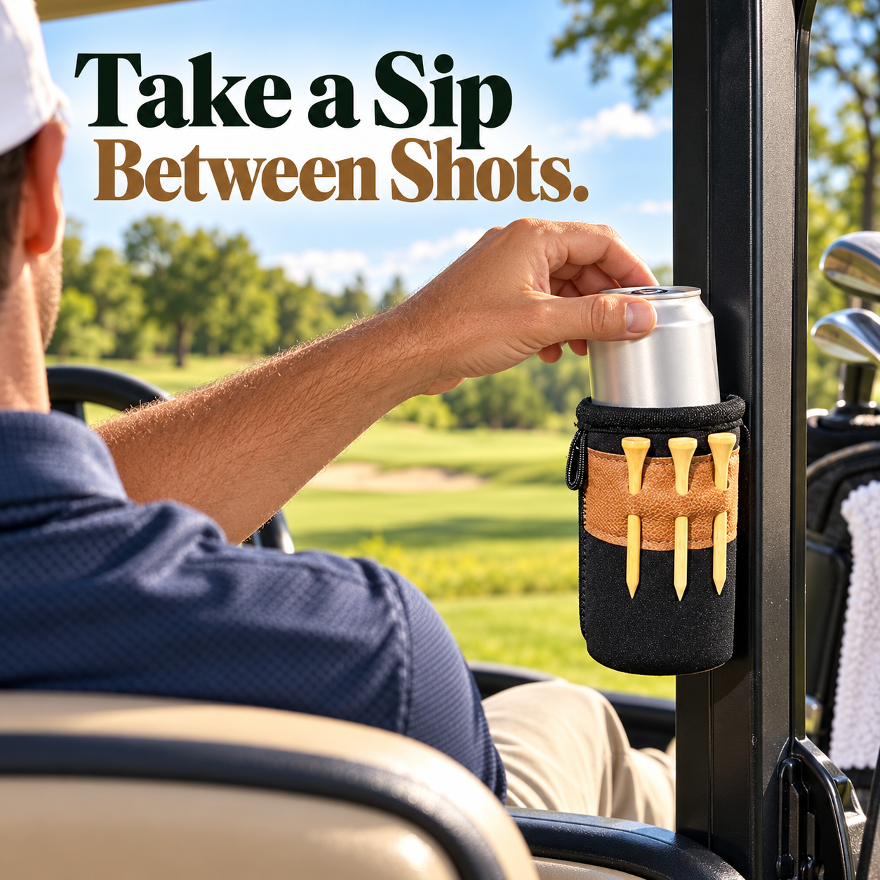 Seated golfer reaching for a drink beside a parked golf cart