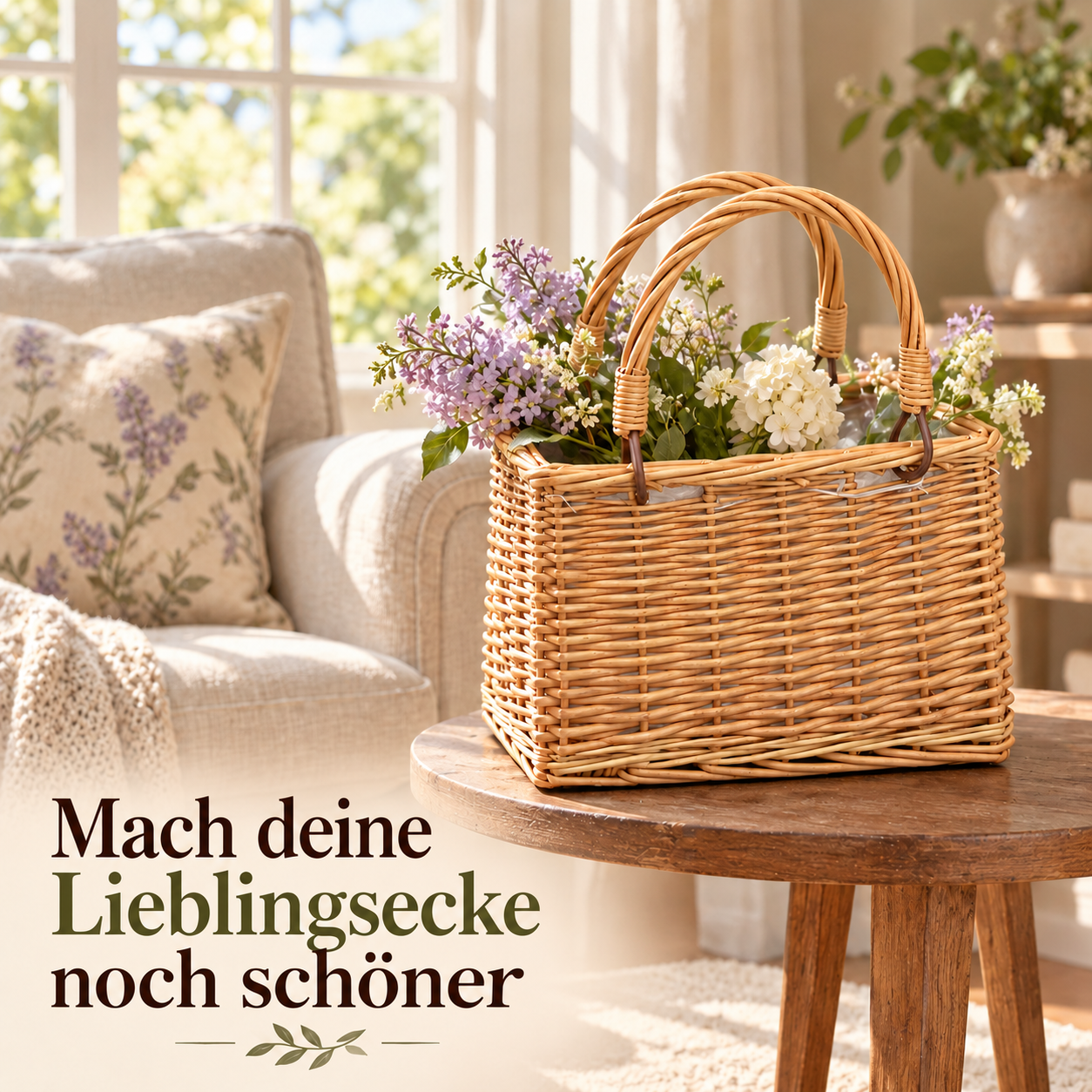 Blumenkorb auf einem Beistelltisch neben einem Lesesessel am Fenster