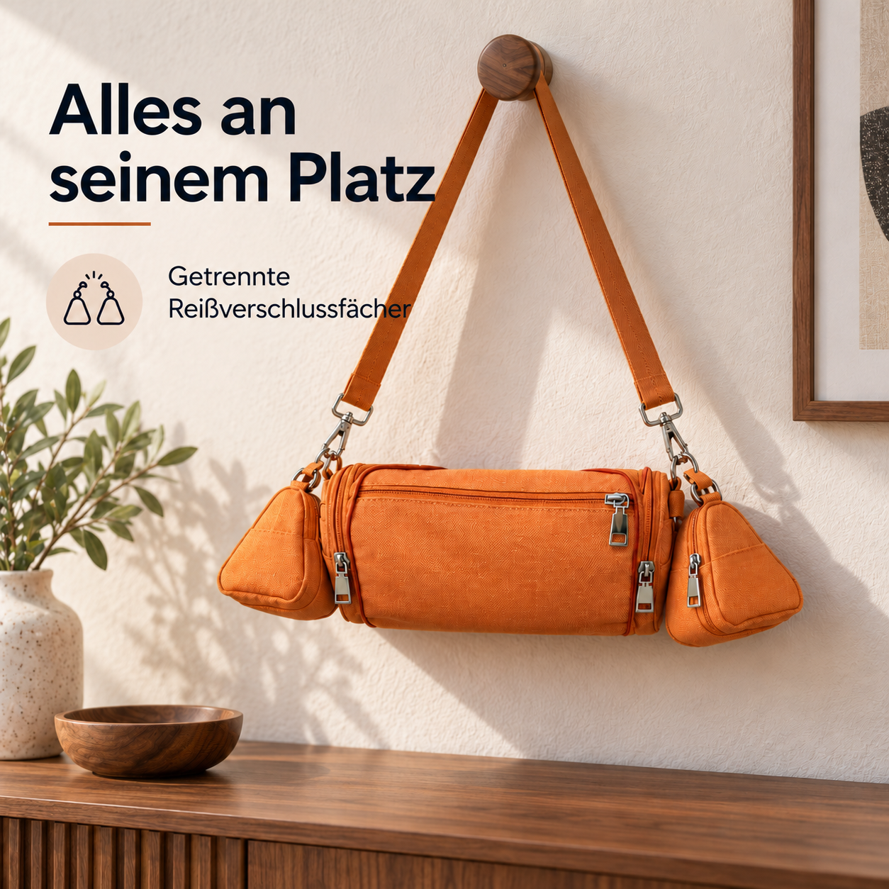 Zusammengesetzte orange Tasche mit abnehmbaren Modulen und verstellbarem Schultergurt