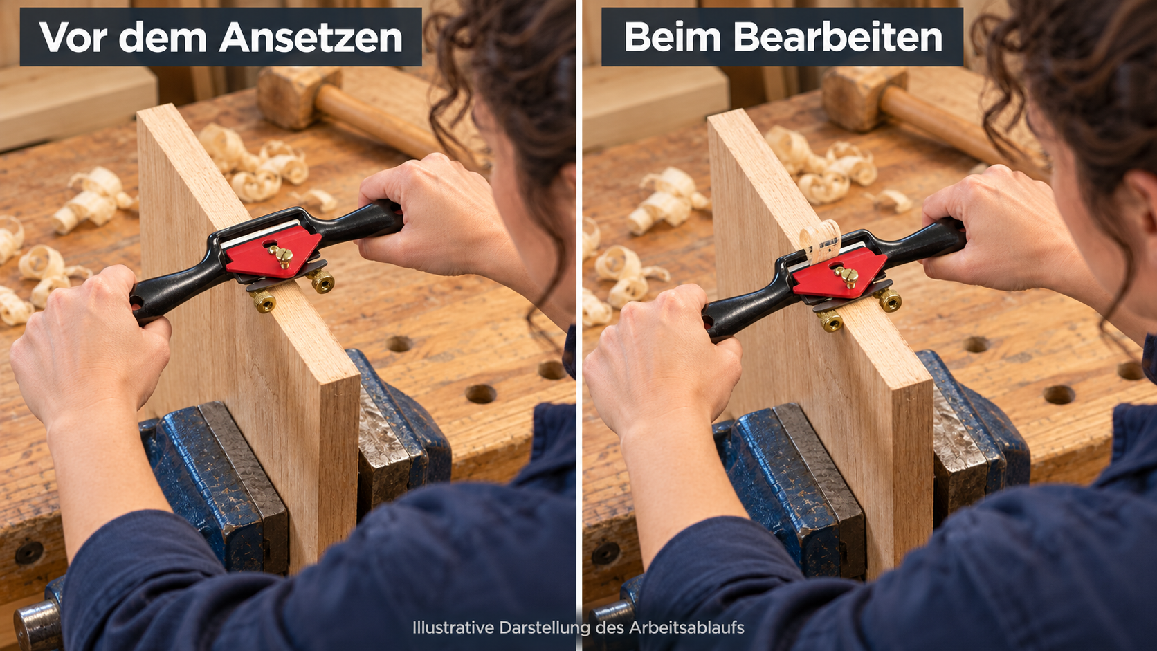 Illustrativer Vergleich desselben Arbeitsablaufs vor dem Ansetzen und beim Bearbeiten