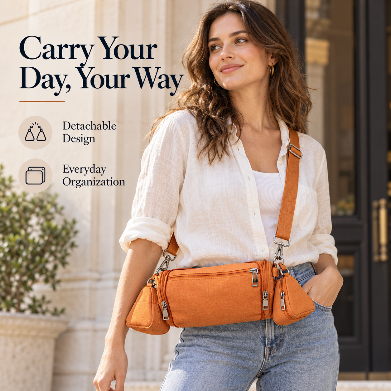 Orange modular canvas crossbody bag worn with its detachable triangular pouches