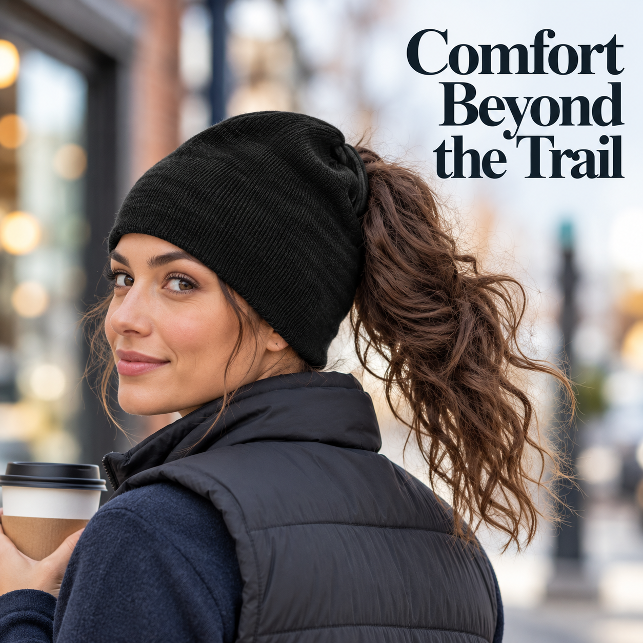 One black ponytail beanie