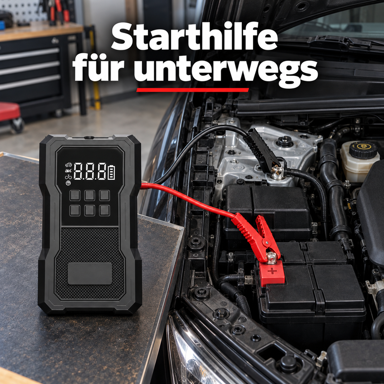 Ausführung mit genau einem schwarzen Starthilfe-Kompressor-Kombigerät