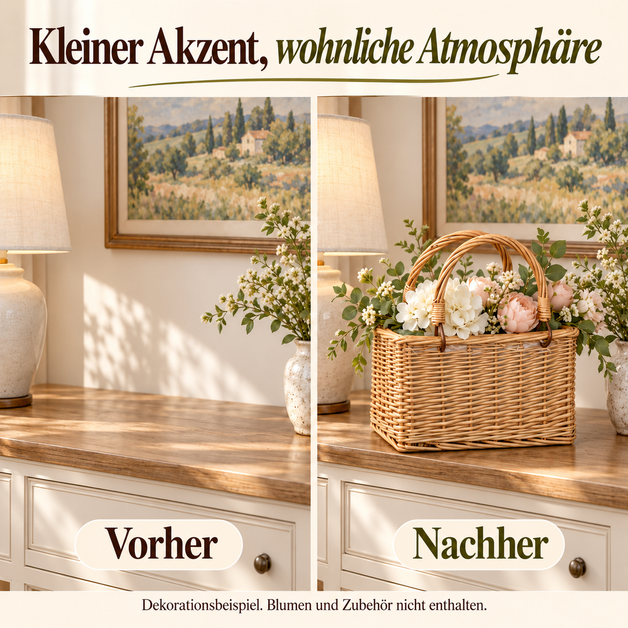 Dieselbe Konsole vor und nach dem Aufstellen eines dekorierten Blumenkorbs