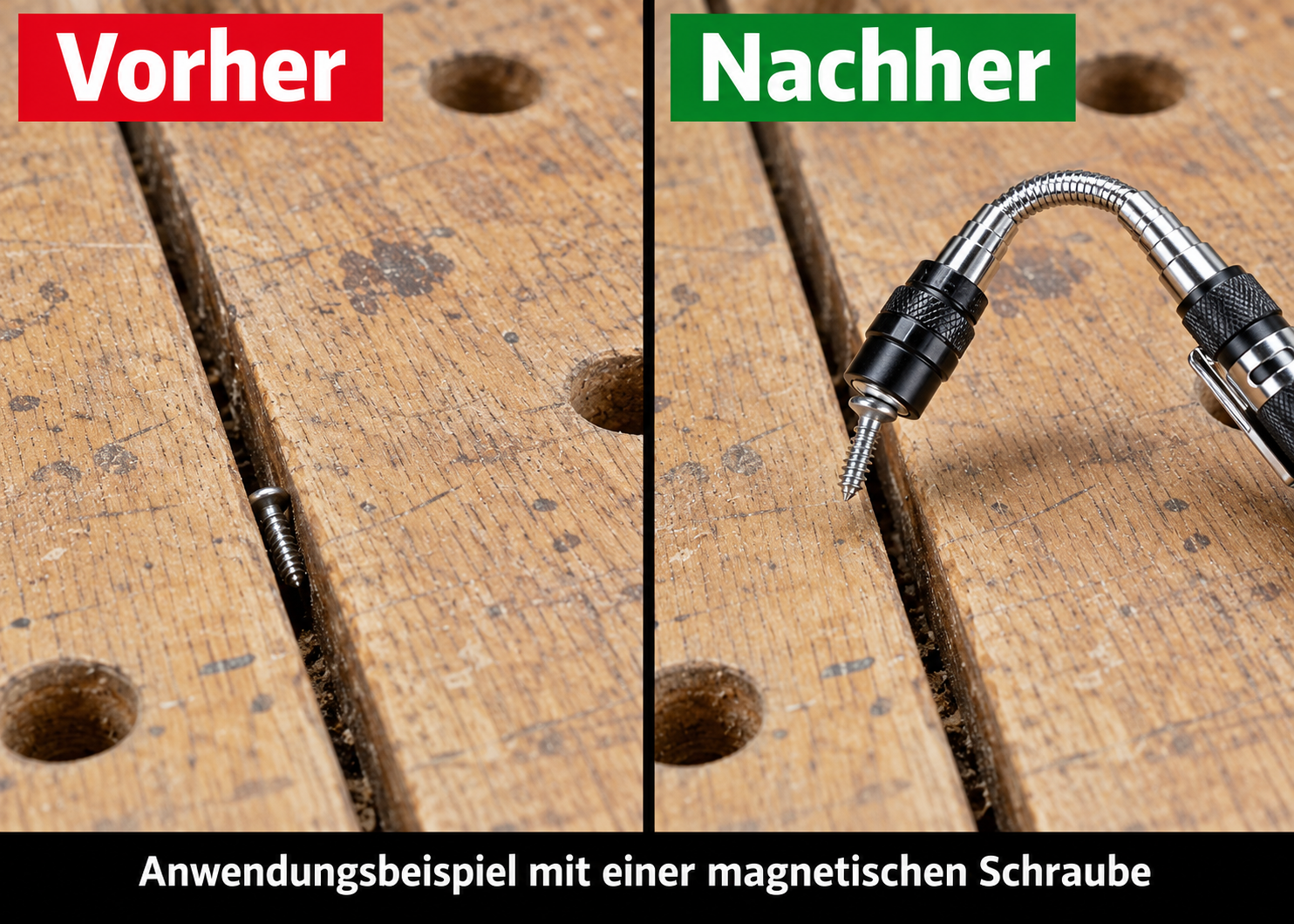 Vorher und nachher: Eine magnetische Schraube liegt in einer Fuge und wird mit der Magnetlampe angehoben.