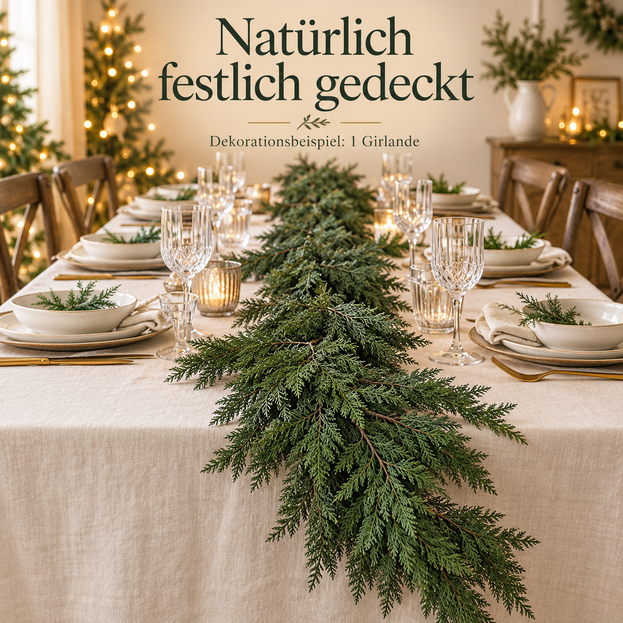 Eine Girlande als grüne Tischmitte auf einer weihnachtlich gedeckten Tafel
