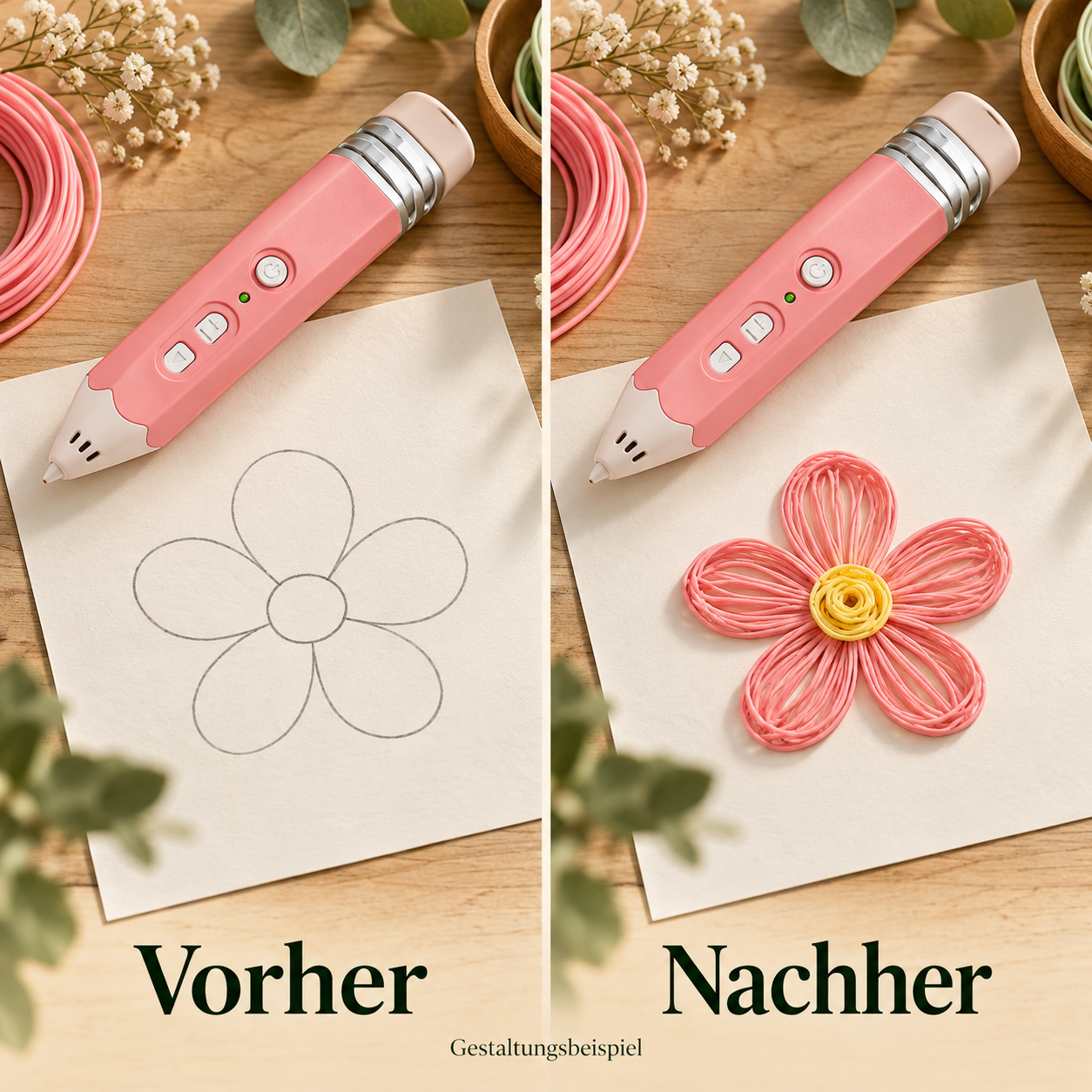 Vorher: eine Blumenkontur. Nachher: ein daraus gestaltetes Filamentmotiv.