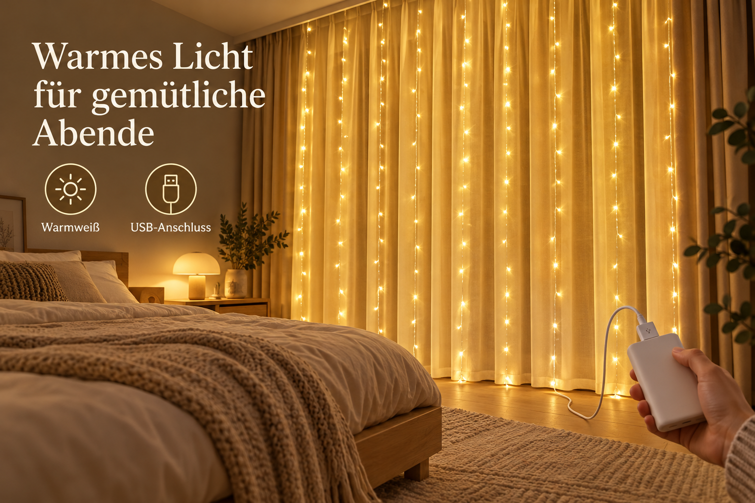 Warmweißer LED-Lichtervorhang im Schlafzimmer mit USB-Anschluss an eine Powerbank