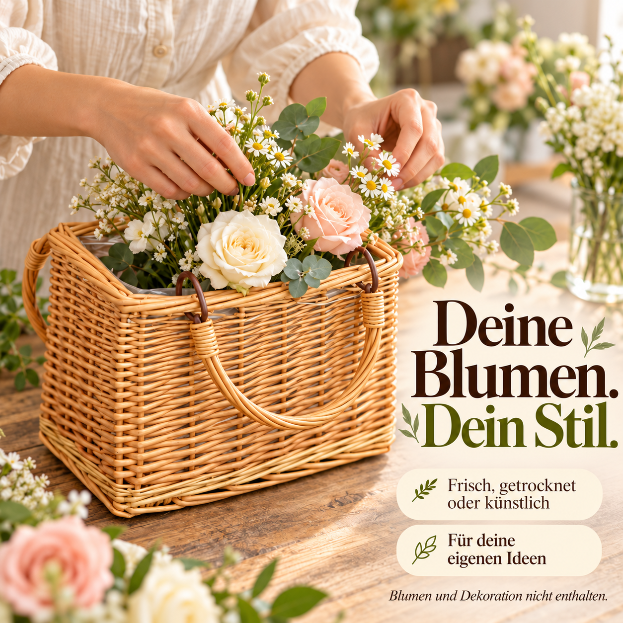 Hände arrangieren Blumen in einem geflochtenen Korb mit Innenfolie