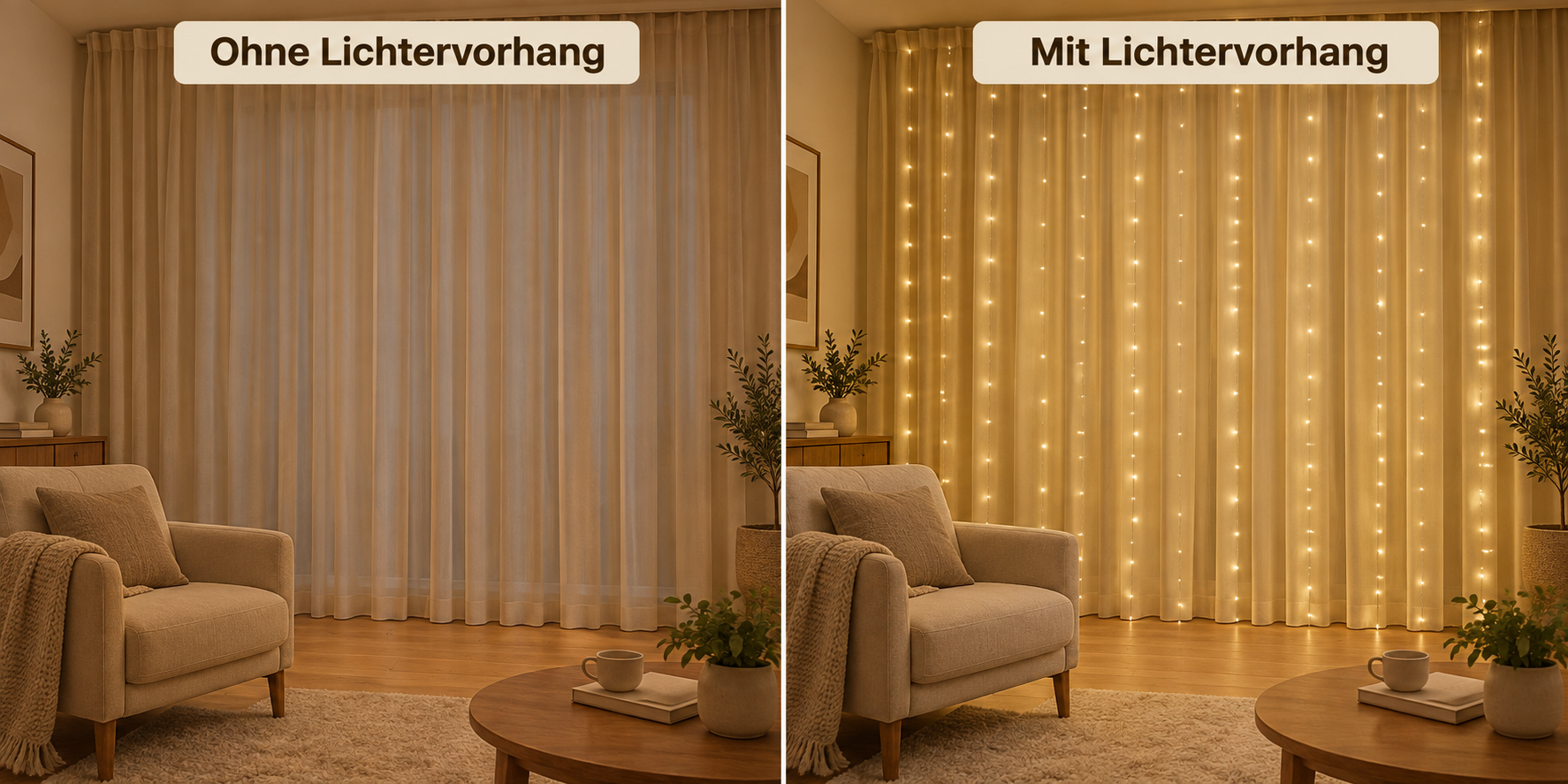 Dasselbe Fenster ohne und mit warmweißer Lichtervorhang-Dekoration
