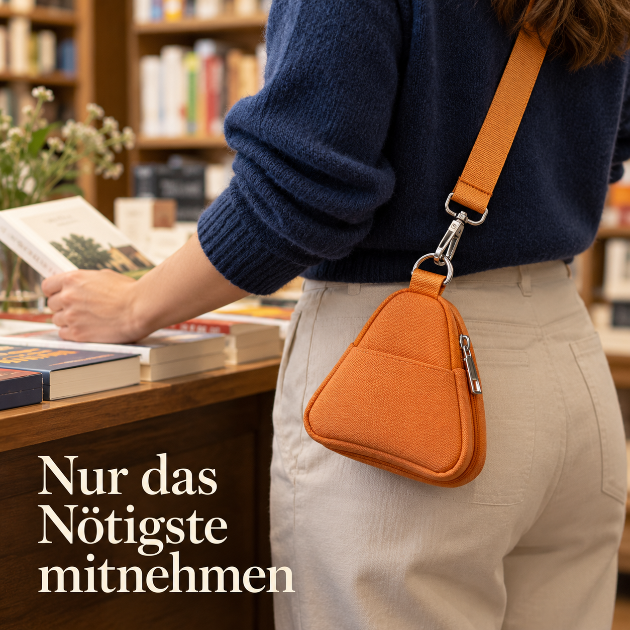 Ein oranges dreieckiges Täschchen einzeln beim Besuch einer Buchhandlung getragen