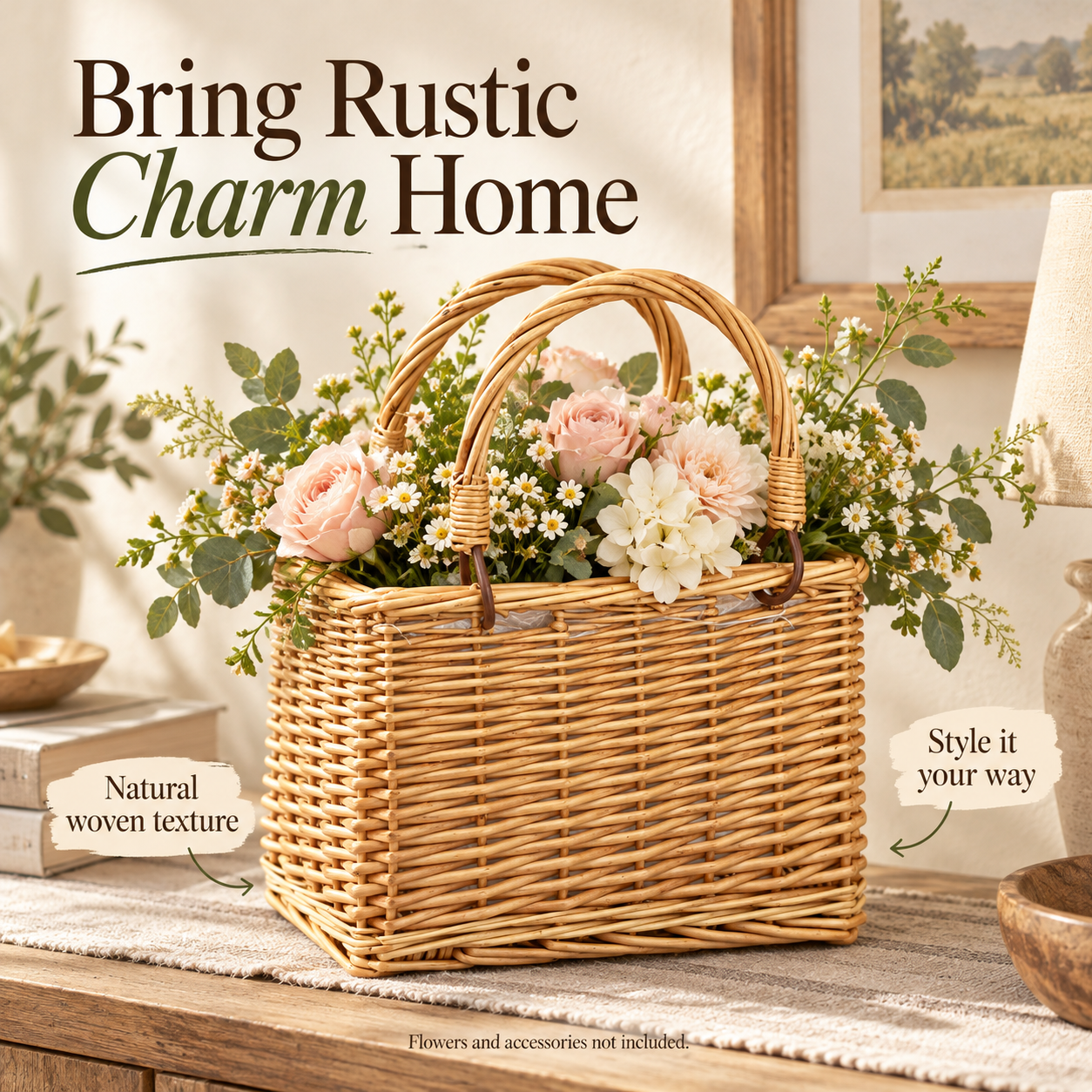 Light brown woven basket with flowers on a cream living-room console
