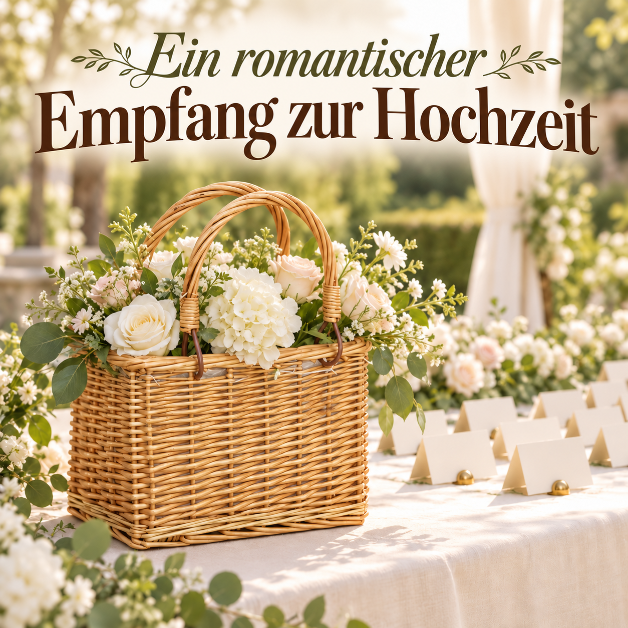 Weißes Blumenarrangement im Flechtkorb auf einem Hochzeitstisch