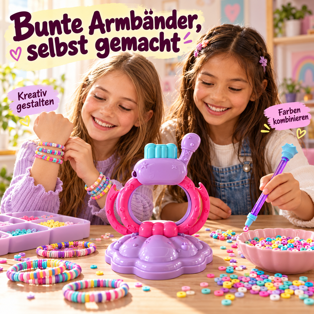 Zwei Kinder zeigen selbst gestaltete bunte Freundschaftsarmbänder mit dem lila-pinken Bastelset.