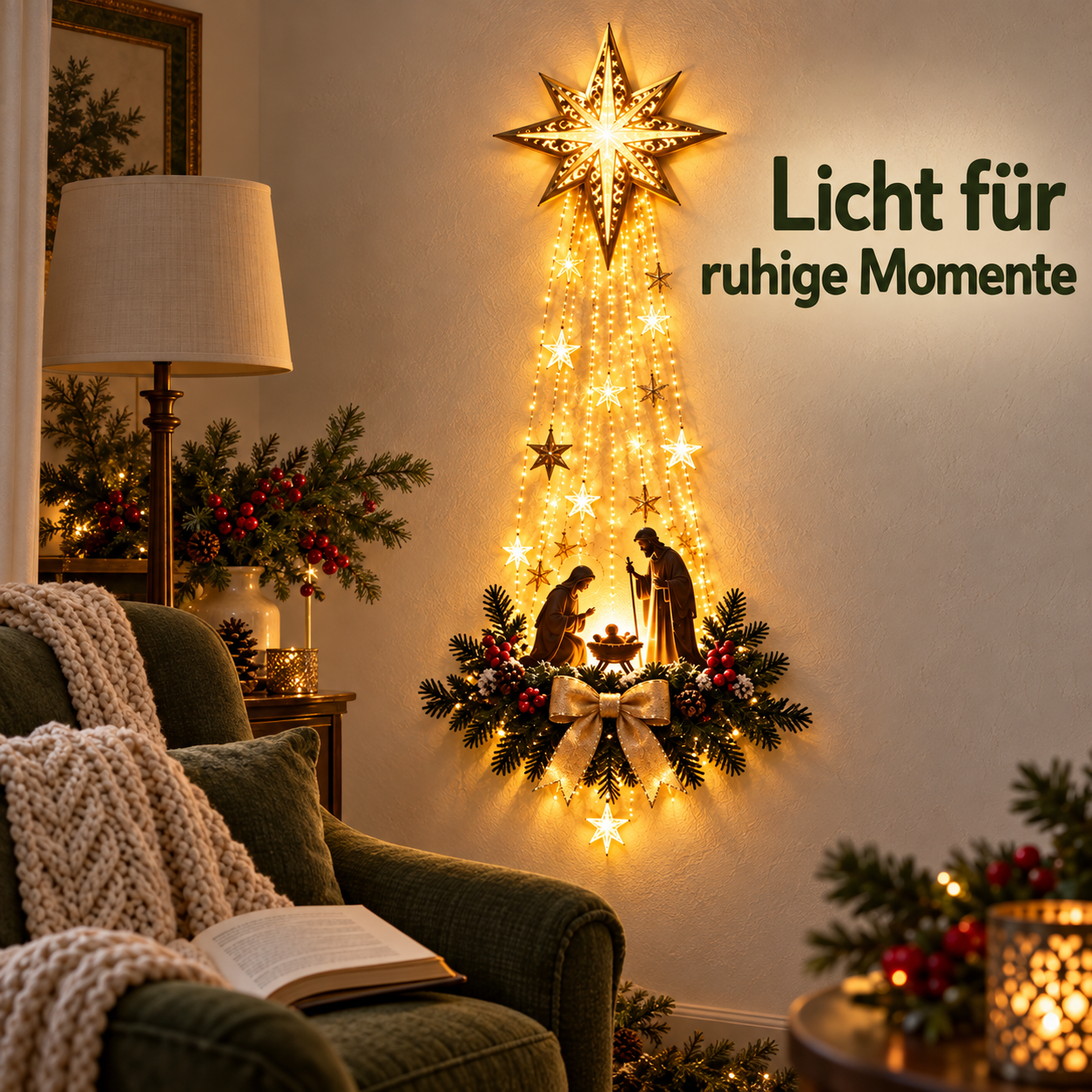 Krippen-Wanddeko als Lichtakzent neben einem Sessel
