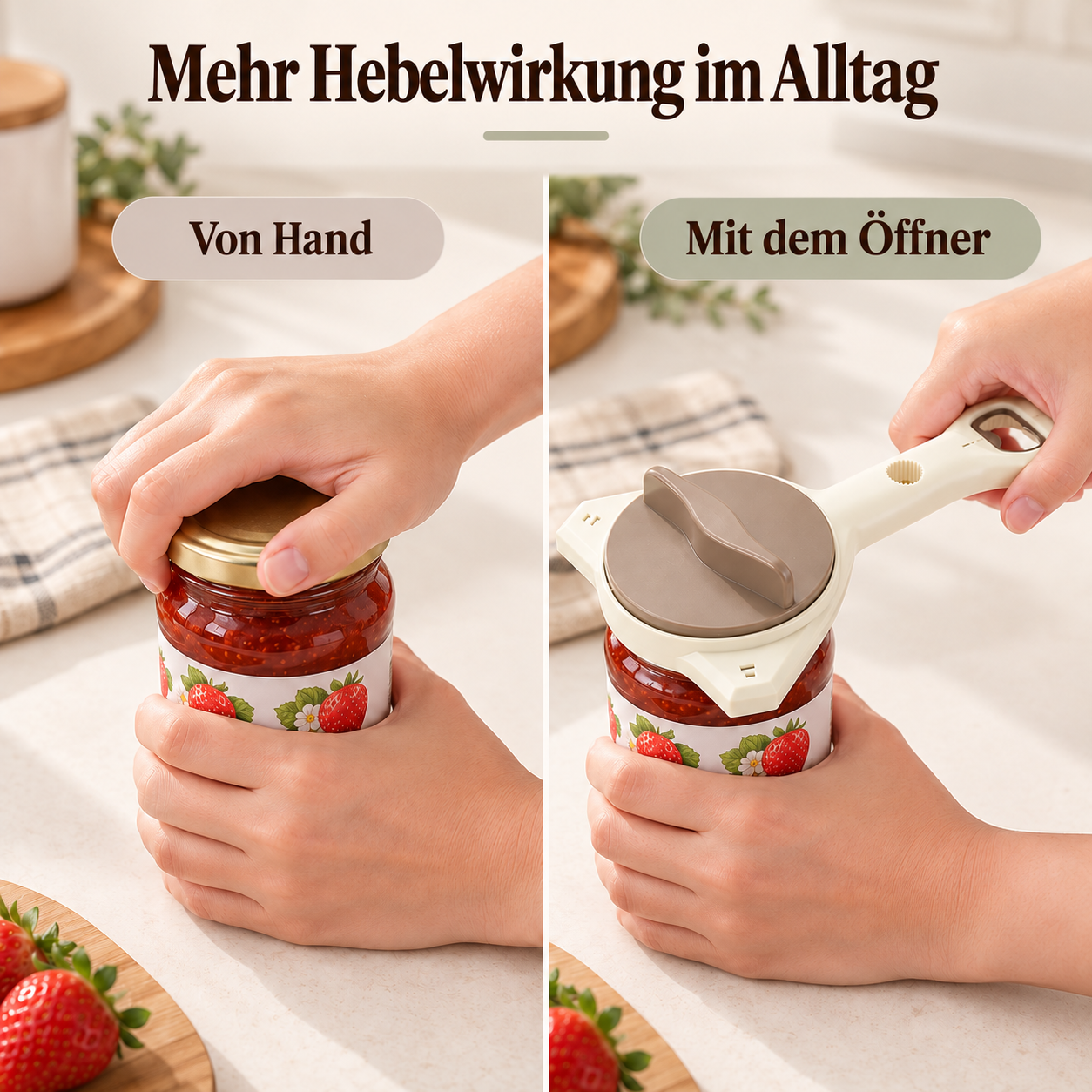 Dasselbe Glas auf derselben Arbeitsfläche: von Hand oder mit dem verstellbaren Öffner greifen
