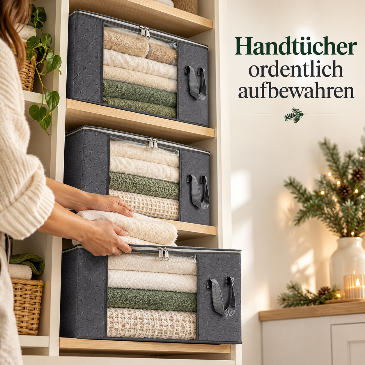 Graue Sichtfenstertaschen für gefaltete Handtücher