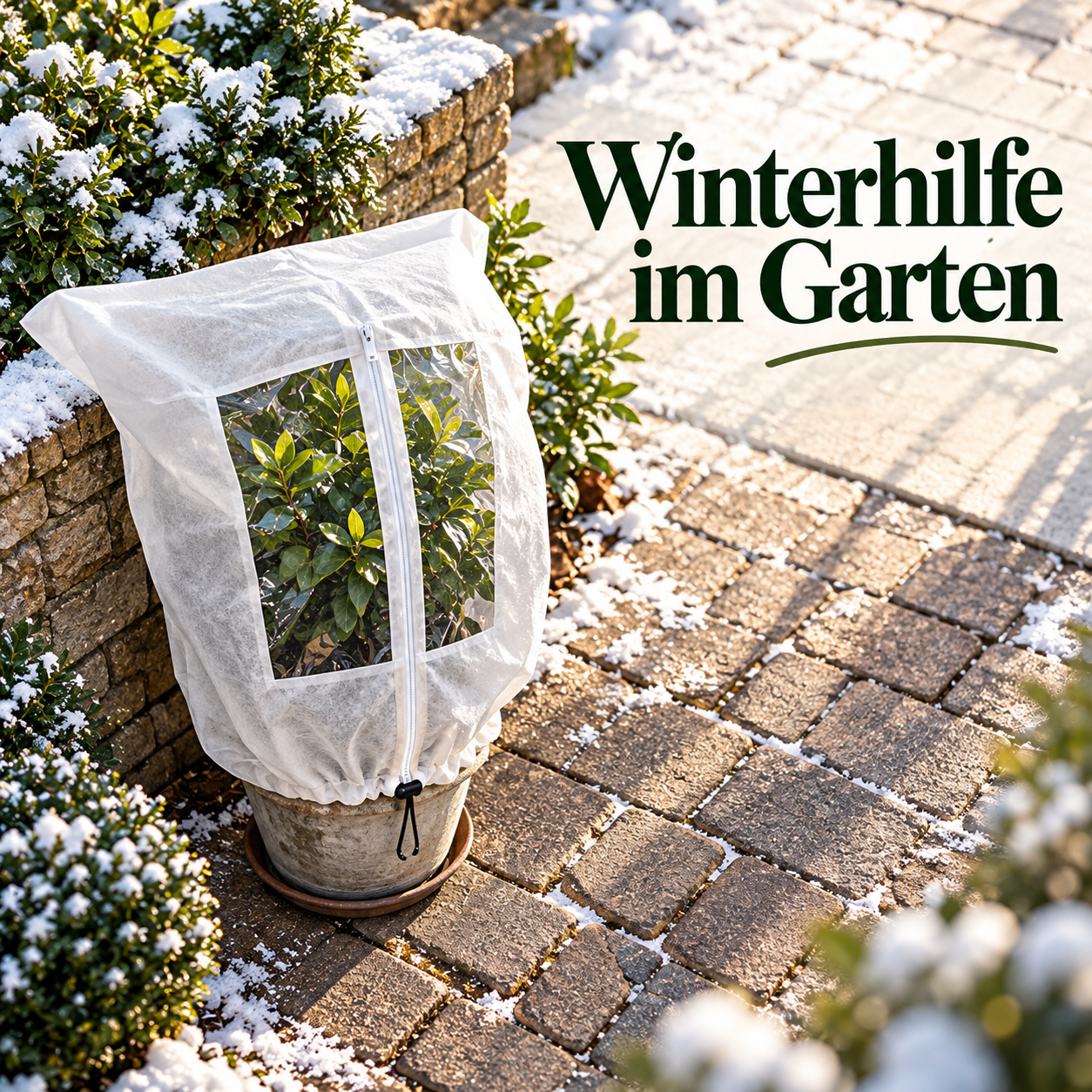 Frostschutzhaube mit Sichtfenster um eine Kübelpflanze auf einer winterlichen Terrasse