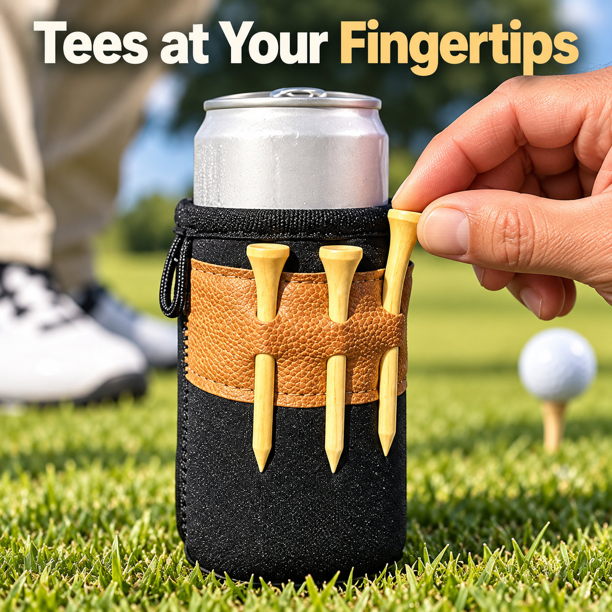 Hand taking a tee from the holder exterior band