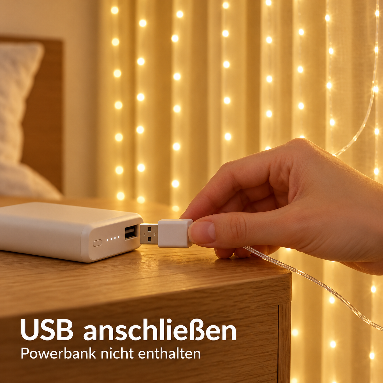 USB-Anschluss an eine externe Powerbank; Powerbank nicht enthalten