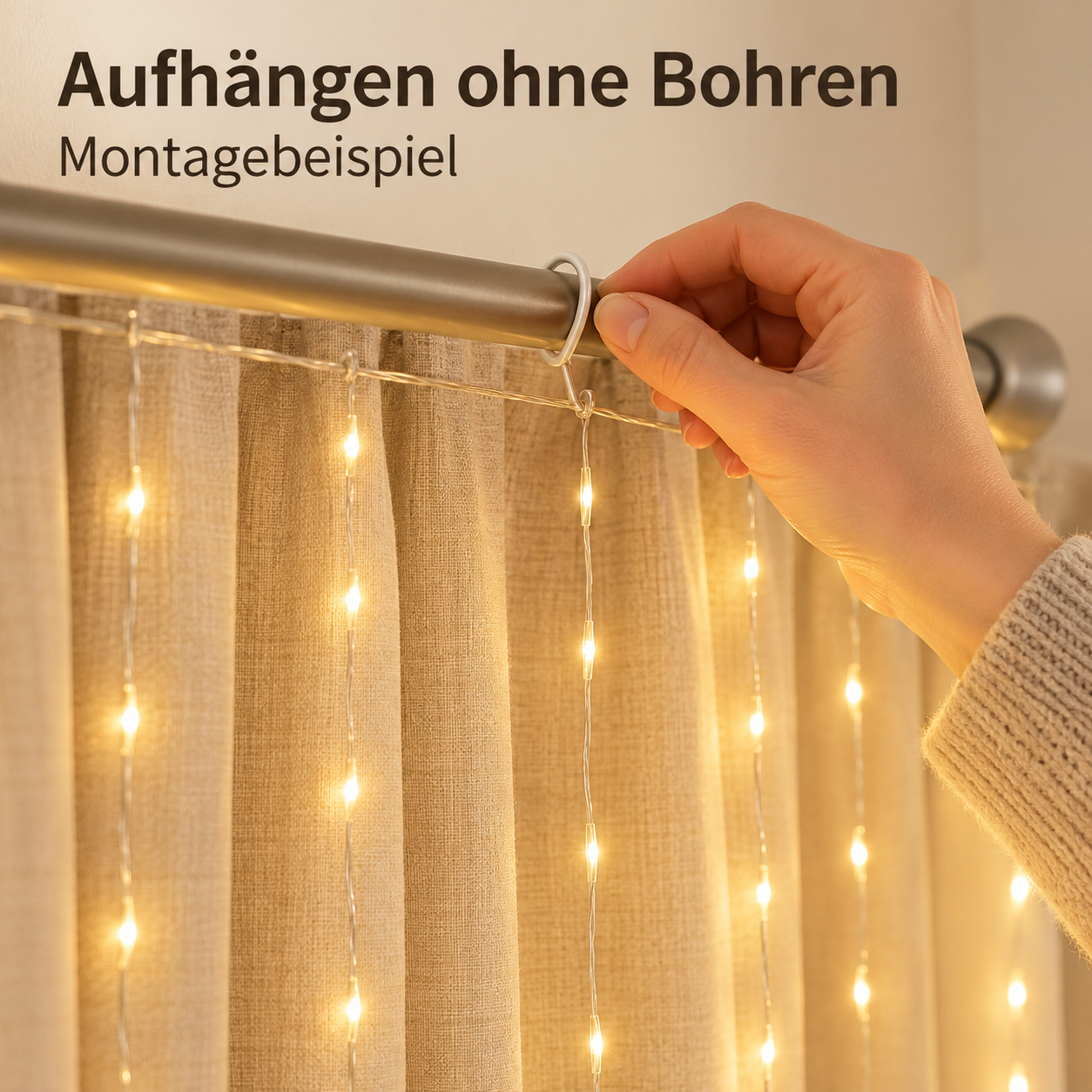 Montagebeispiel: Lichtervorhang mit einem Haken an einer vorhandenen Stange aufhängen