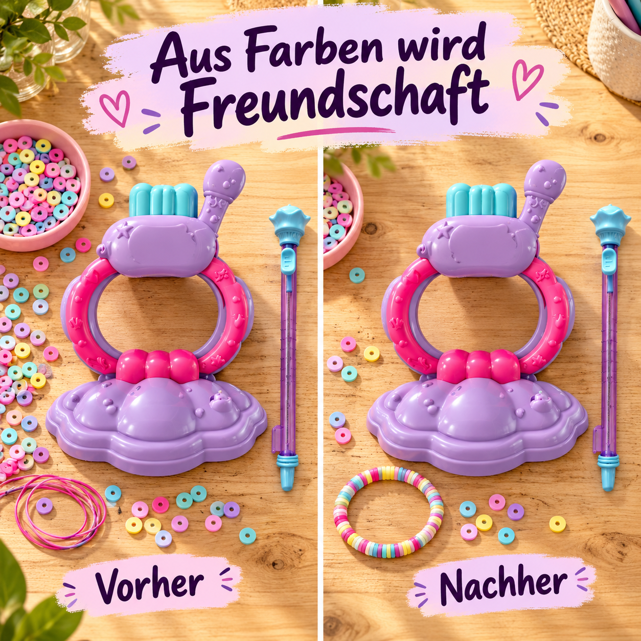Gleicher Basteltisch vorher mit losen Perlen und Schnur, nachher mit einem daraus gestalteten bunten Armband.