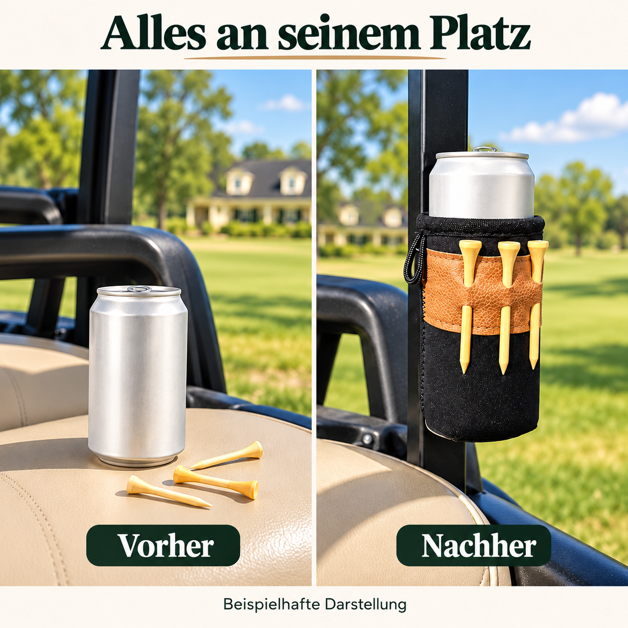 Beispielvergleich: Dose und drei Tees lose auf dem Sitz und gemeinsam im Halter