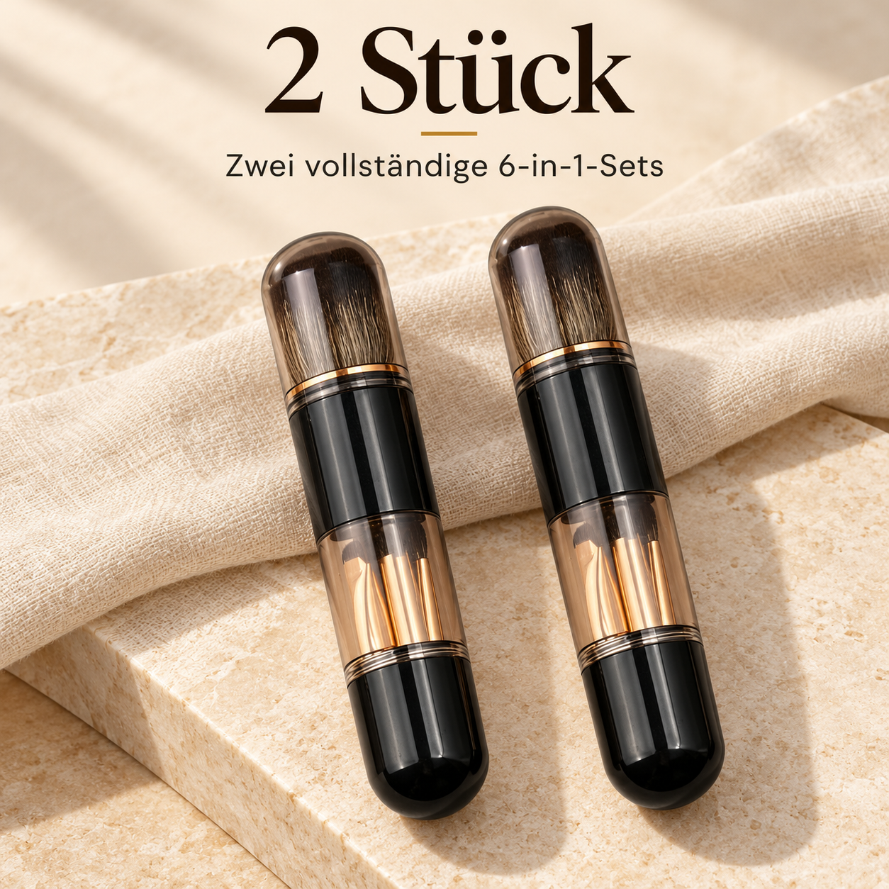 Zwei vollständige geschlossene schwarz-goldene 6-in-1-Pinselsets